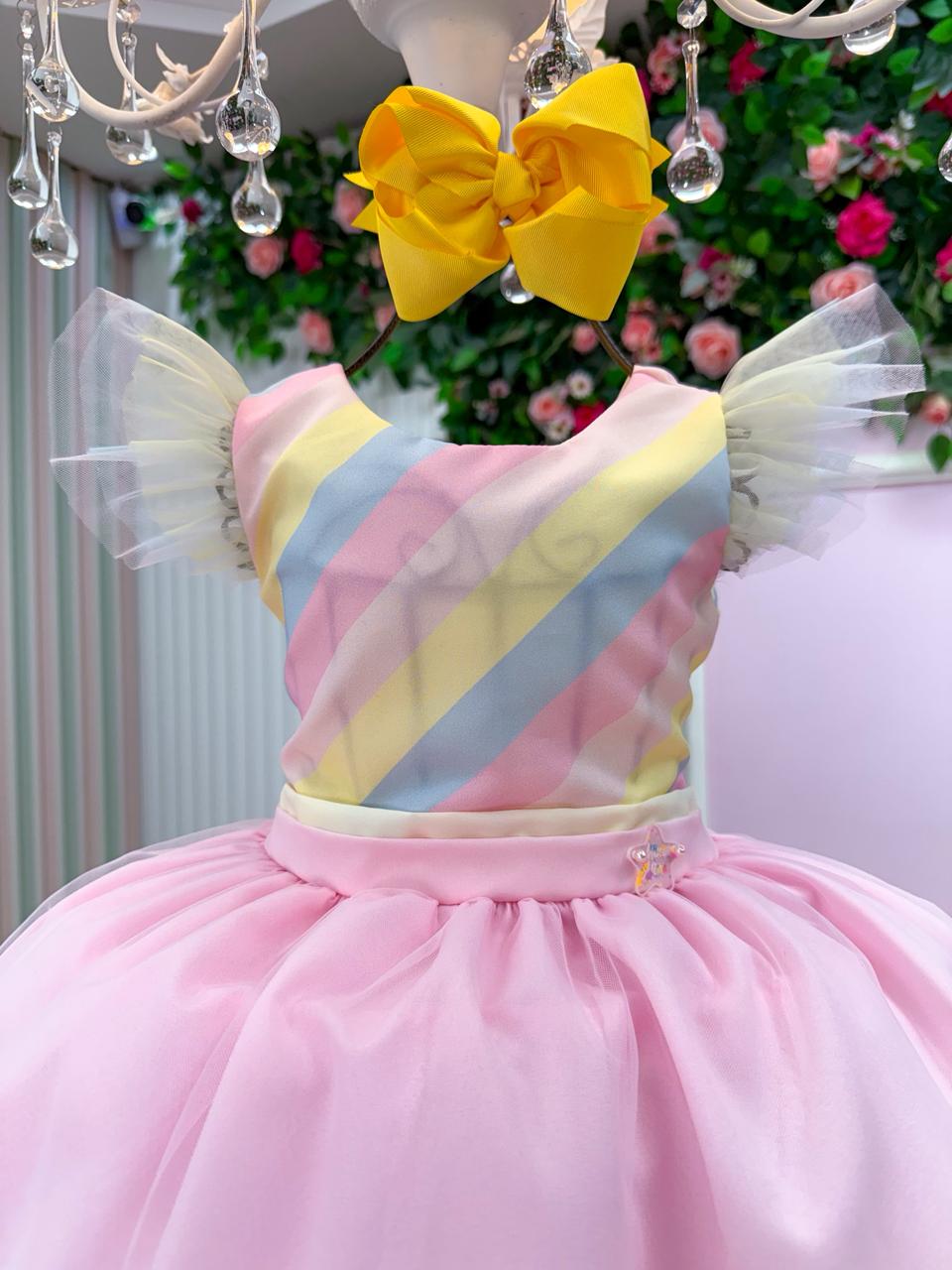 Vestido Temático Infantil Rosa com Tule e Pompons Coloridos