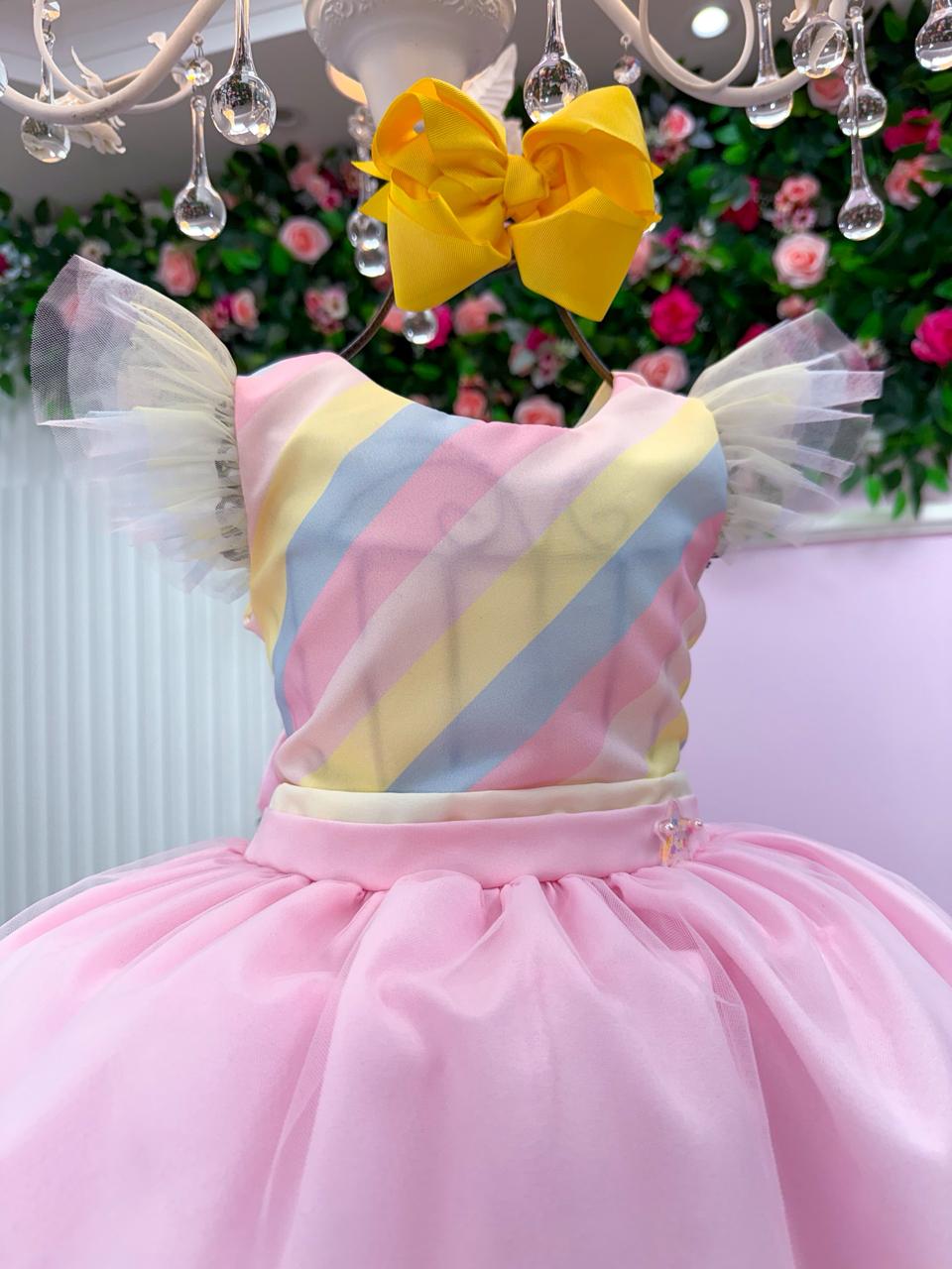 Vestido Temático Infantil Rosa com Tule e Pompons Coloridos