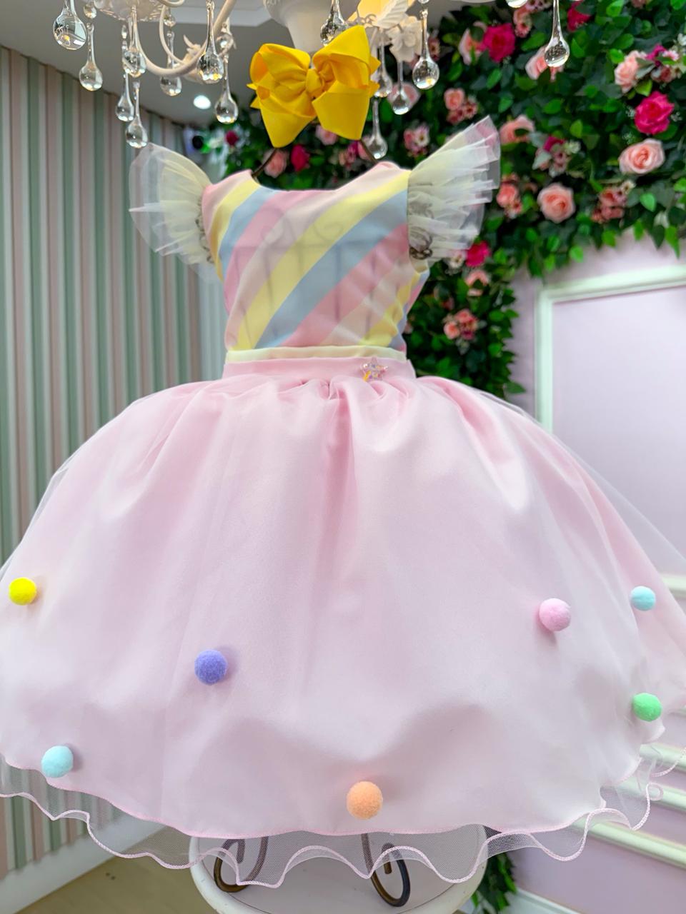Vestido Temático Infantil Rosa com Tule e Pompons Coloridos