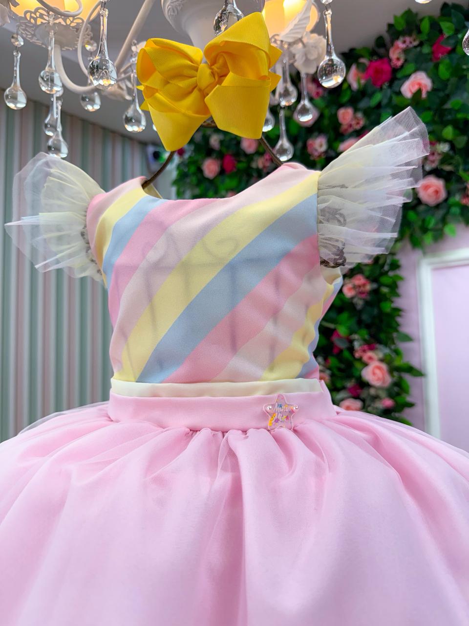 Vestido Temático Infantil Rosa com Tule e Pompons Coloridos