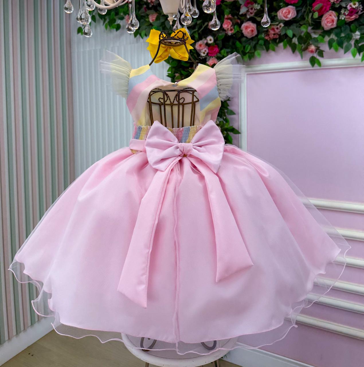 Vestido Temático Infantil Rosa com Tule e Pompons Coloridos