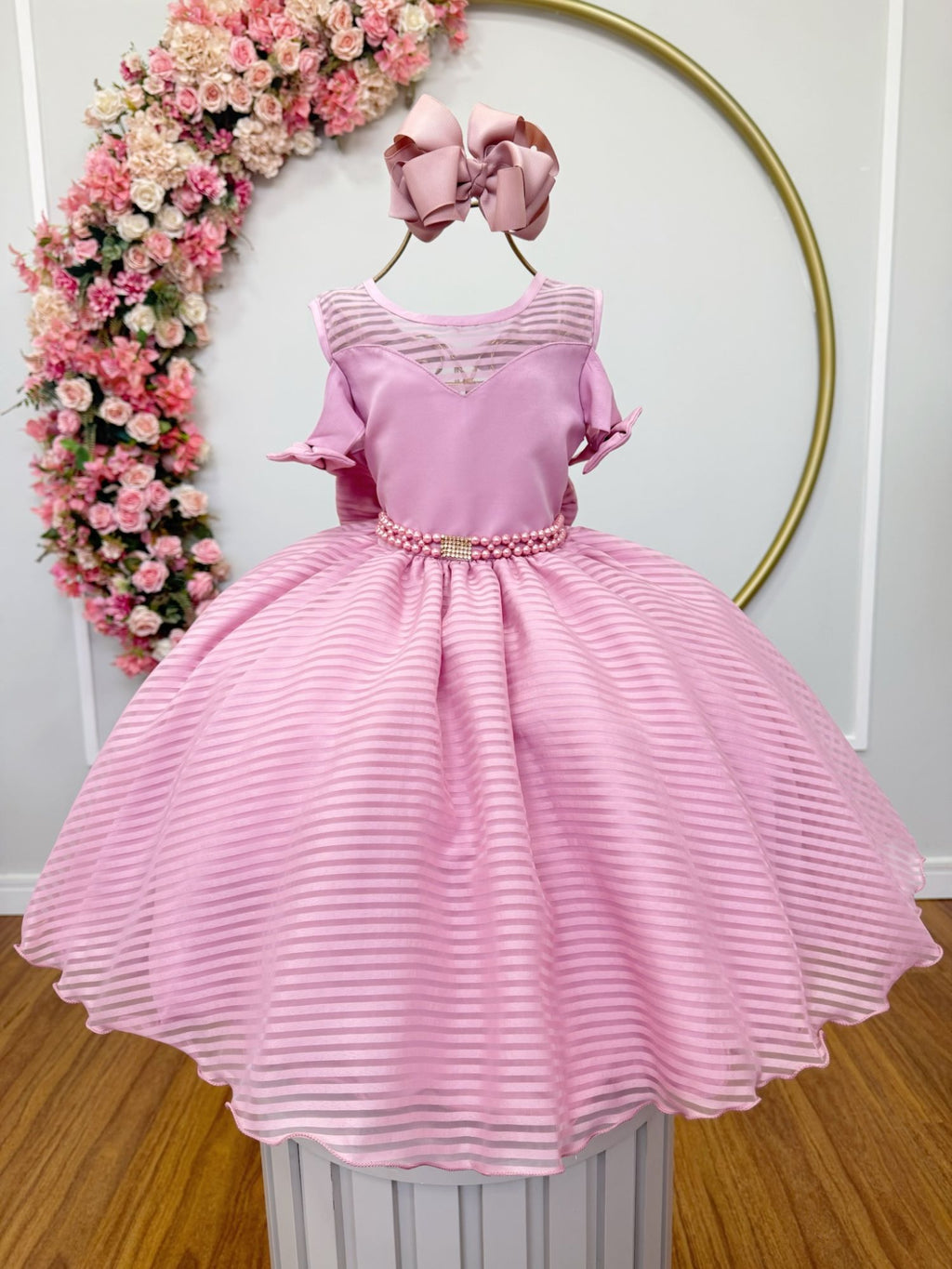 Vestido Infantil Rosê Luxo com Cinto de Pérolas e Strass