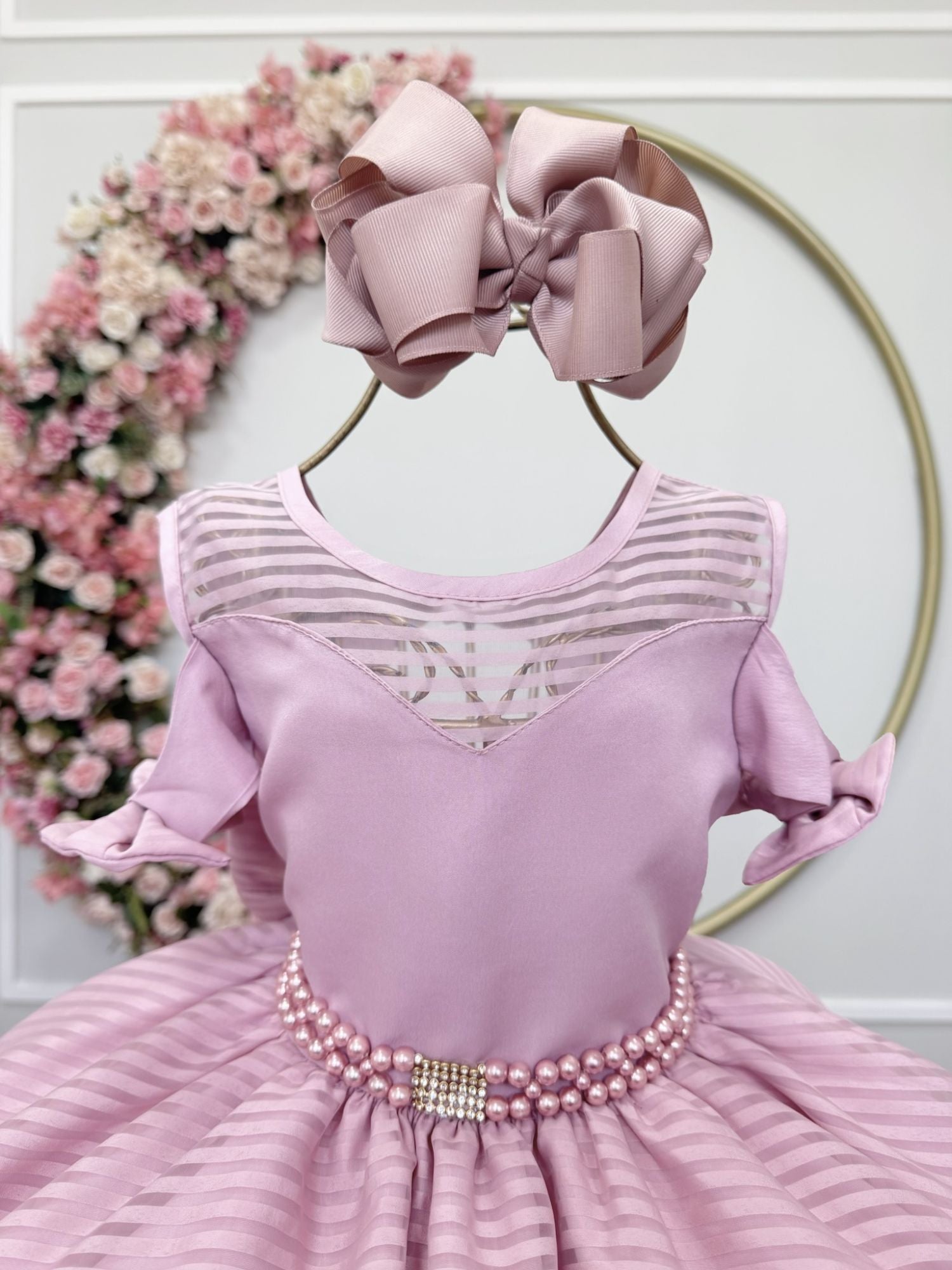 Vestido Infantil Rosê Luxo com Cinto de Pérolas e Strass
