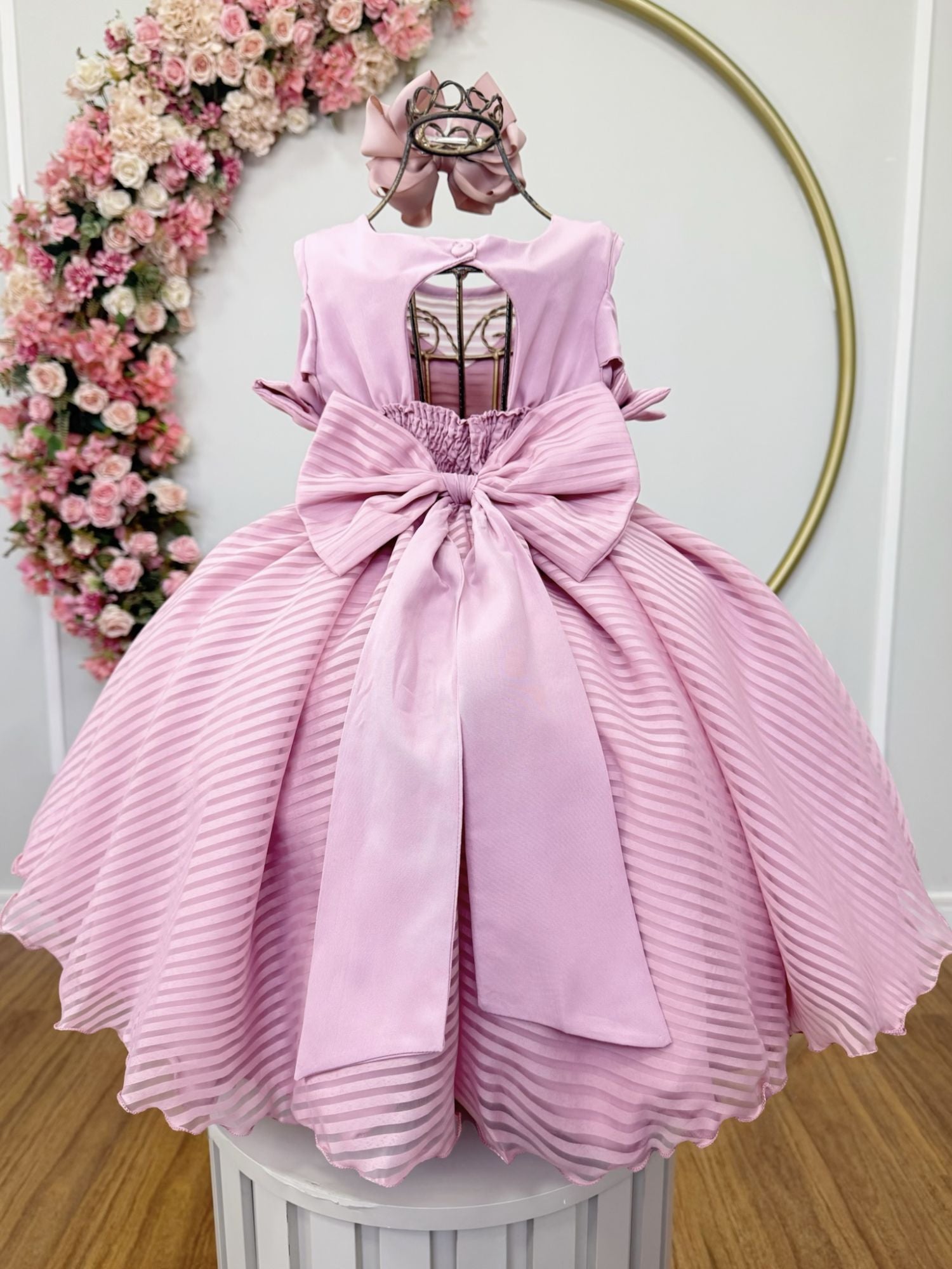 Vestido Infantil Rosê Luxo com Cinto de Pérolas e Strass