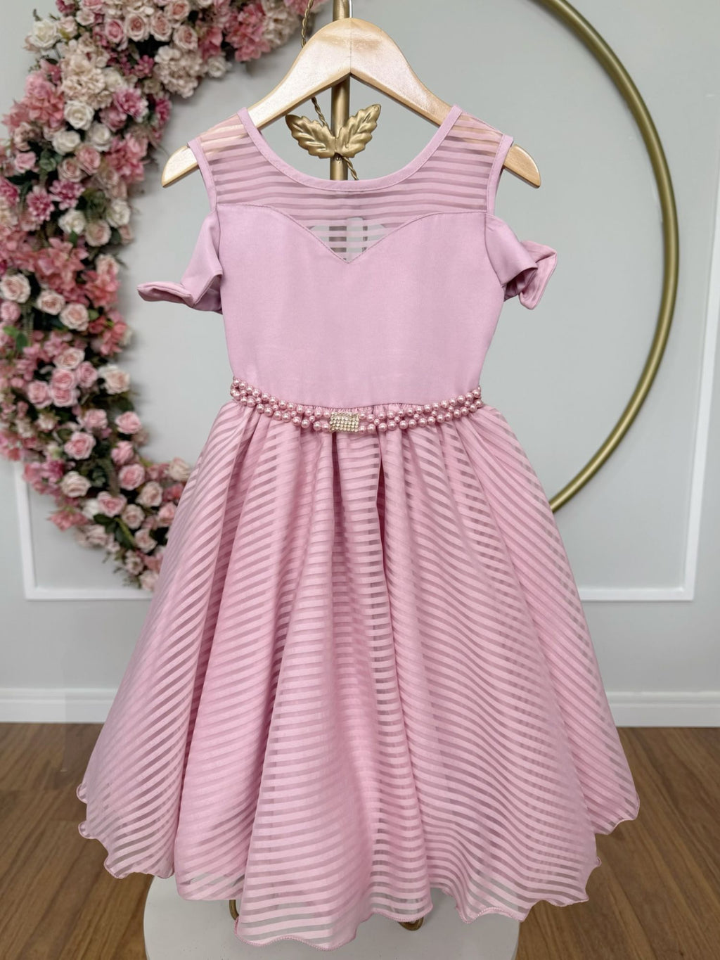 Vestido Infantil Rosê Luxo com Cinto de Pérolas e Strass