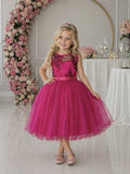 Vestido Infantil Rosa com Renda e Saia Brilhante com Cinto de Strass