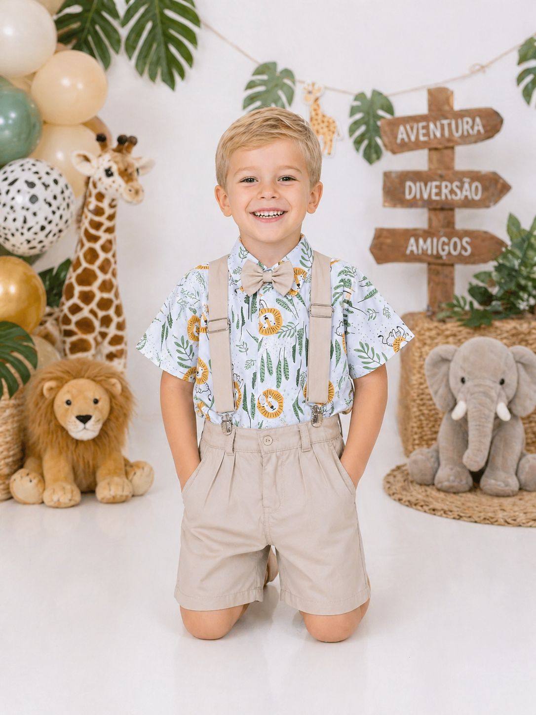 Conjunto Infantil Safari Leão com Short, Suspensório e Camisa