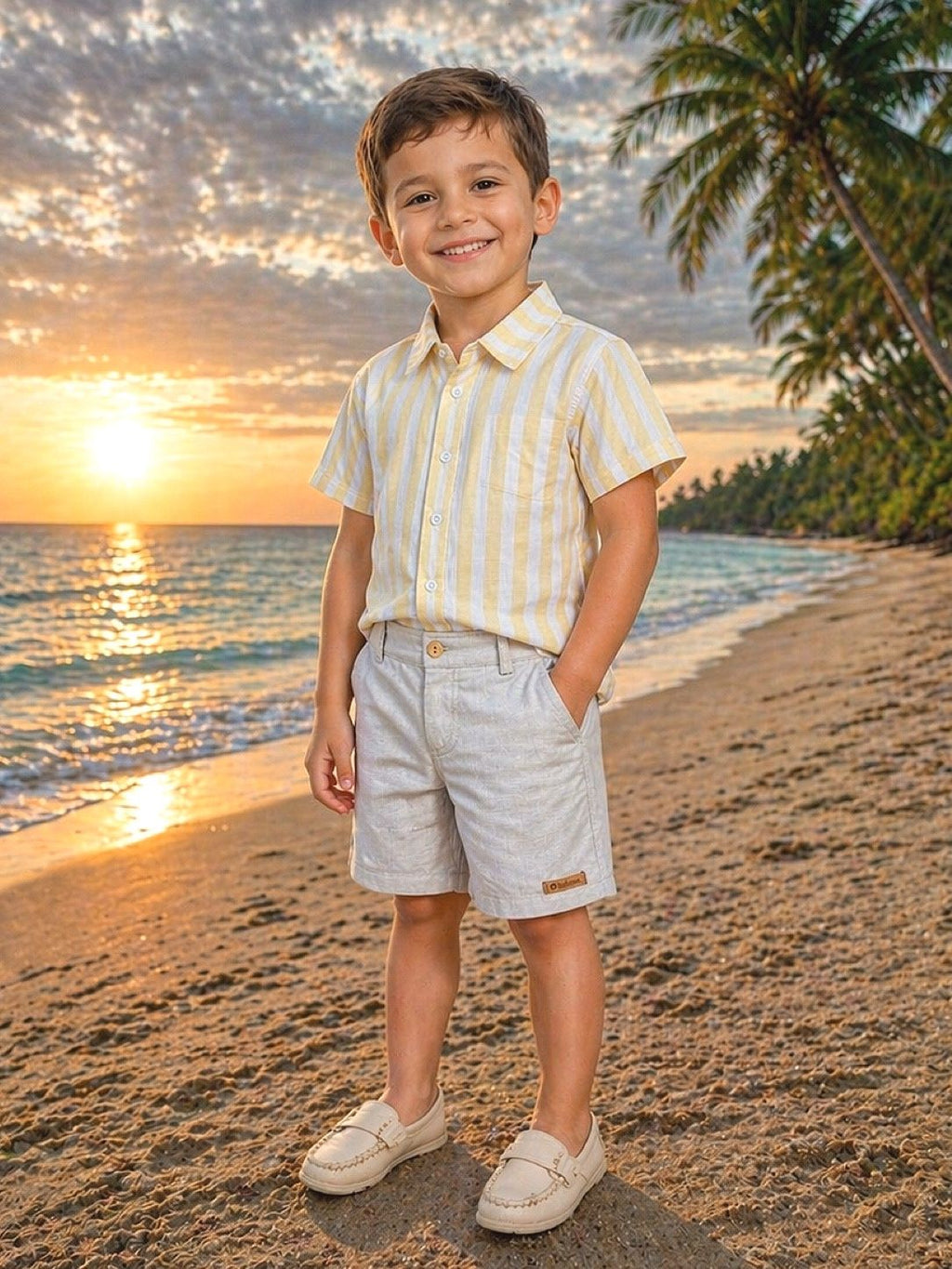 Camisa Listrada Amarela e Bermuda Bege para Meninos Casual