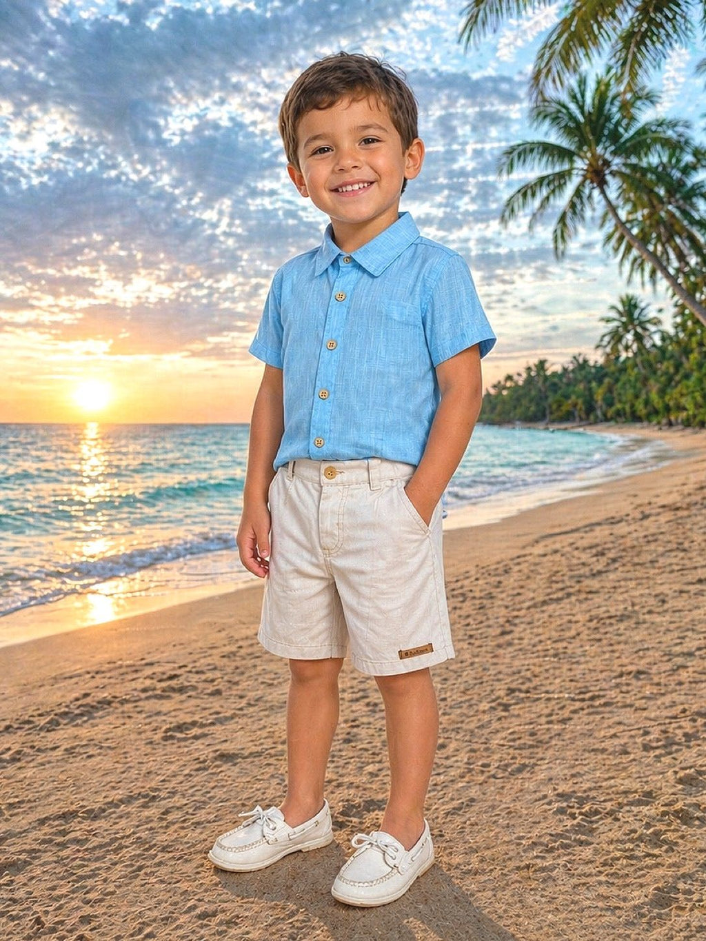 Camisa Azul Mescla e Bermuda Bege para Meninos Casual