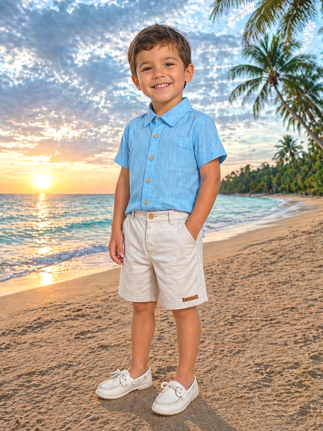 Camisa Azul Mescla e Bermuda Bege para Meninos Casual