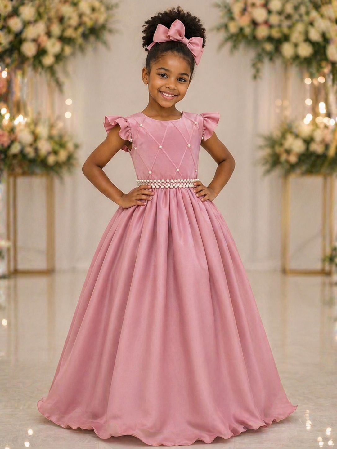 Vestido Longo Infantil Rosa com Busto Nervurado para Festas