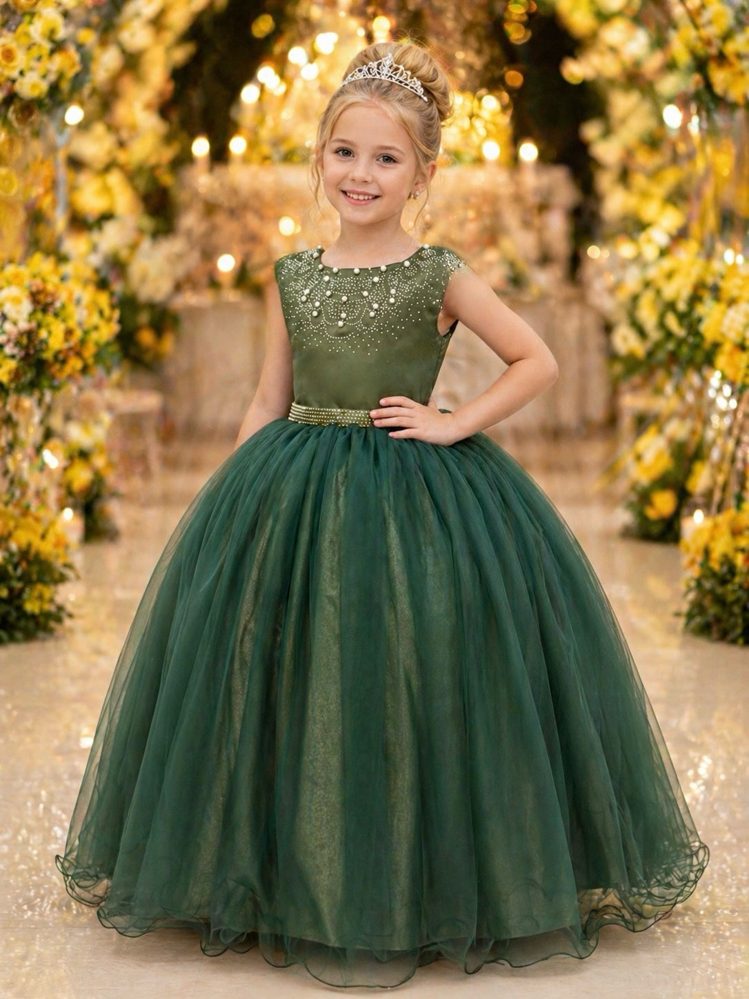 Vestido Longo Verde Oliva Infantil com Pérolas para Damas de Honra