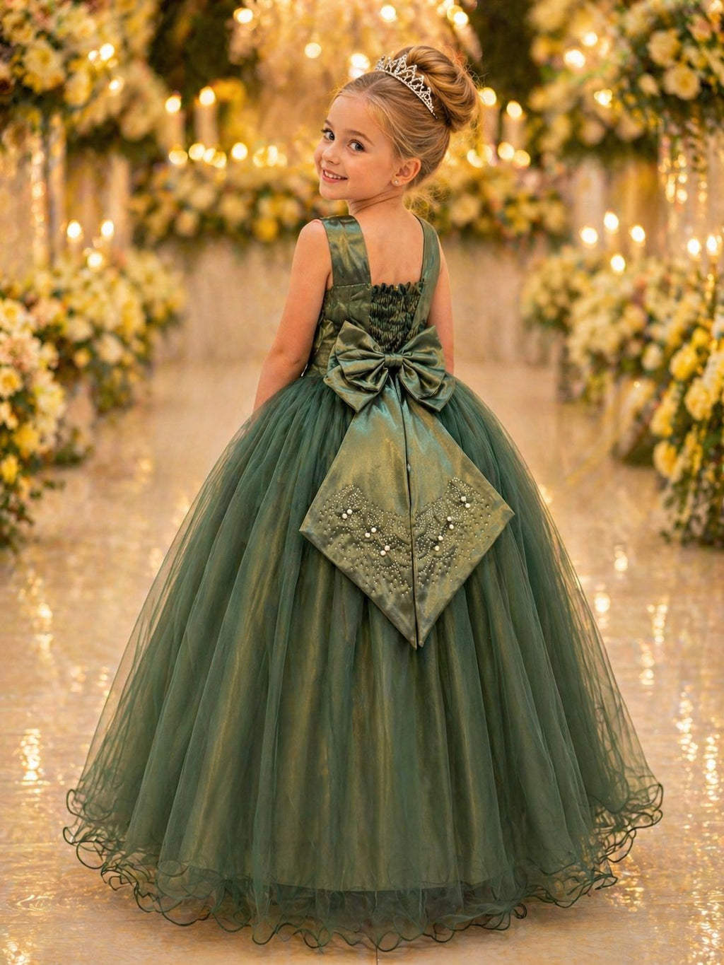Vestido Longo Verde Oliva Infantil com Pérolas para Damas de Honra