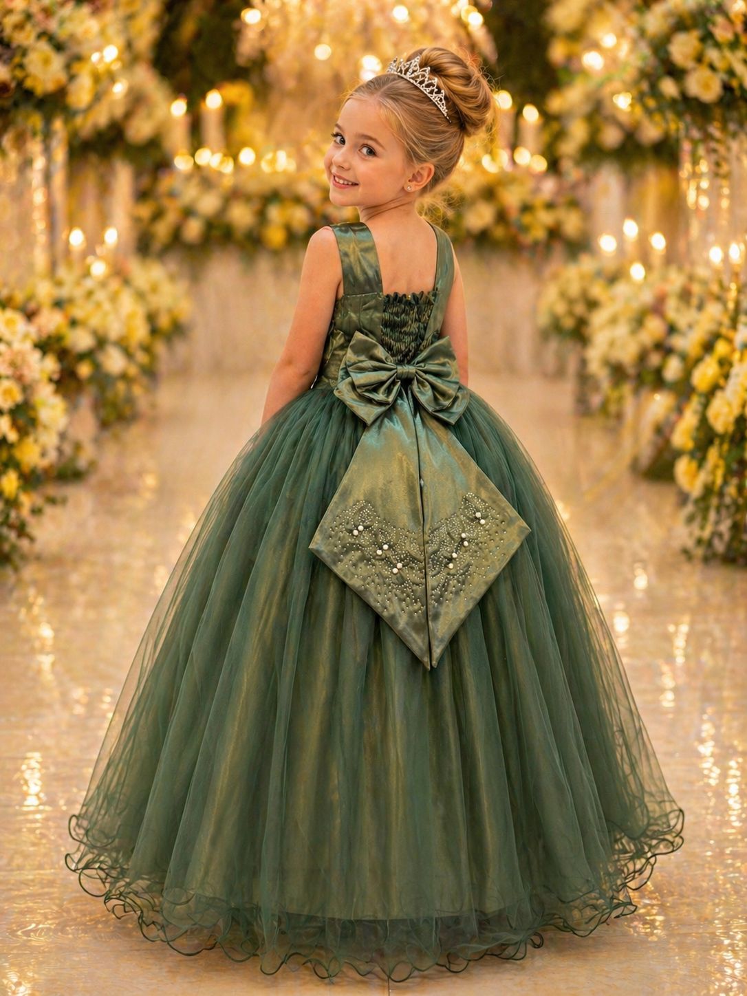 Vestido Longo Verde Oliva Infantil com Pérolas para Damas de Honra