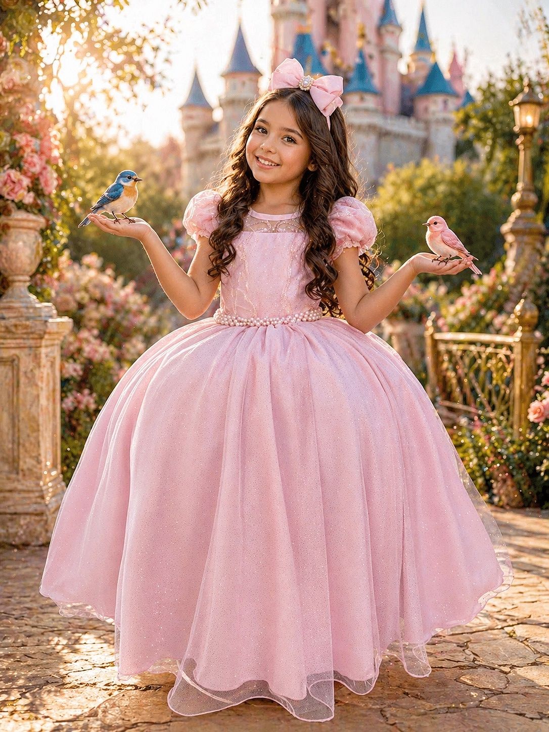 Vestido Infantil Rosa Claro com Busto em Renda e Bordado para Festas