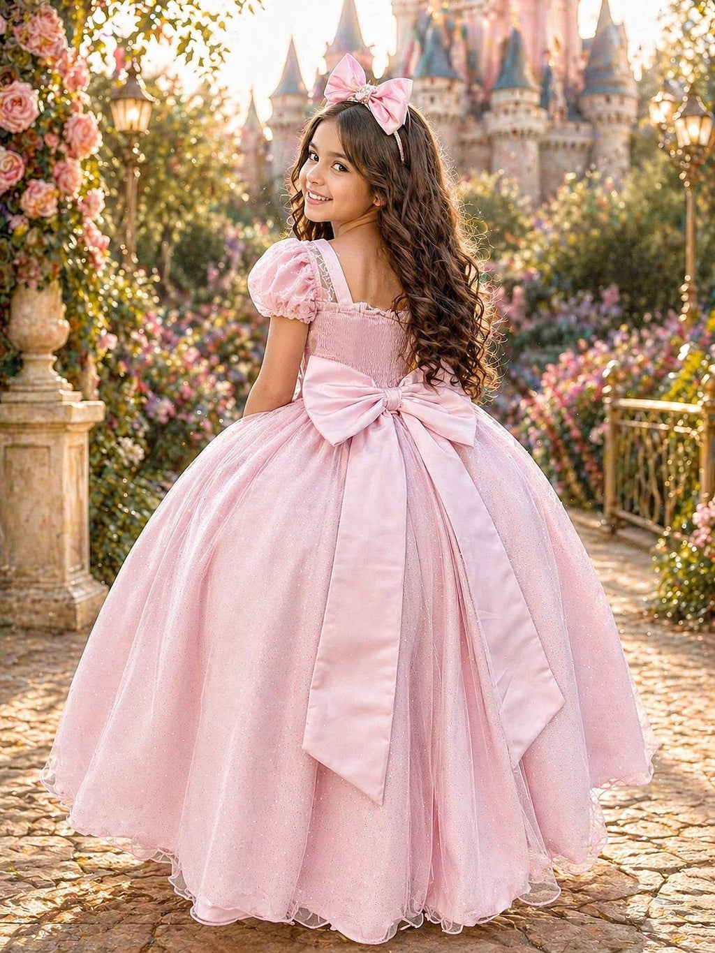 Vestido Infantil Rosa Claro com Busto em Renda e Bordado para Festas