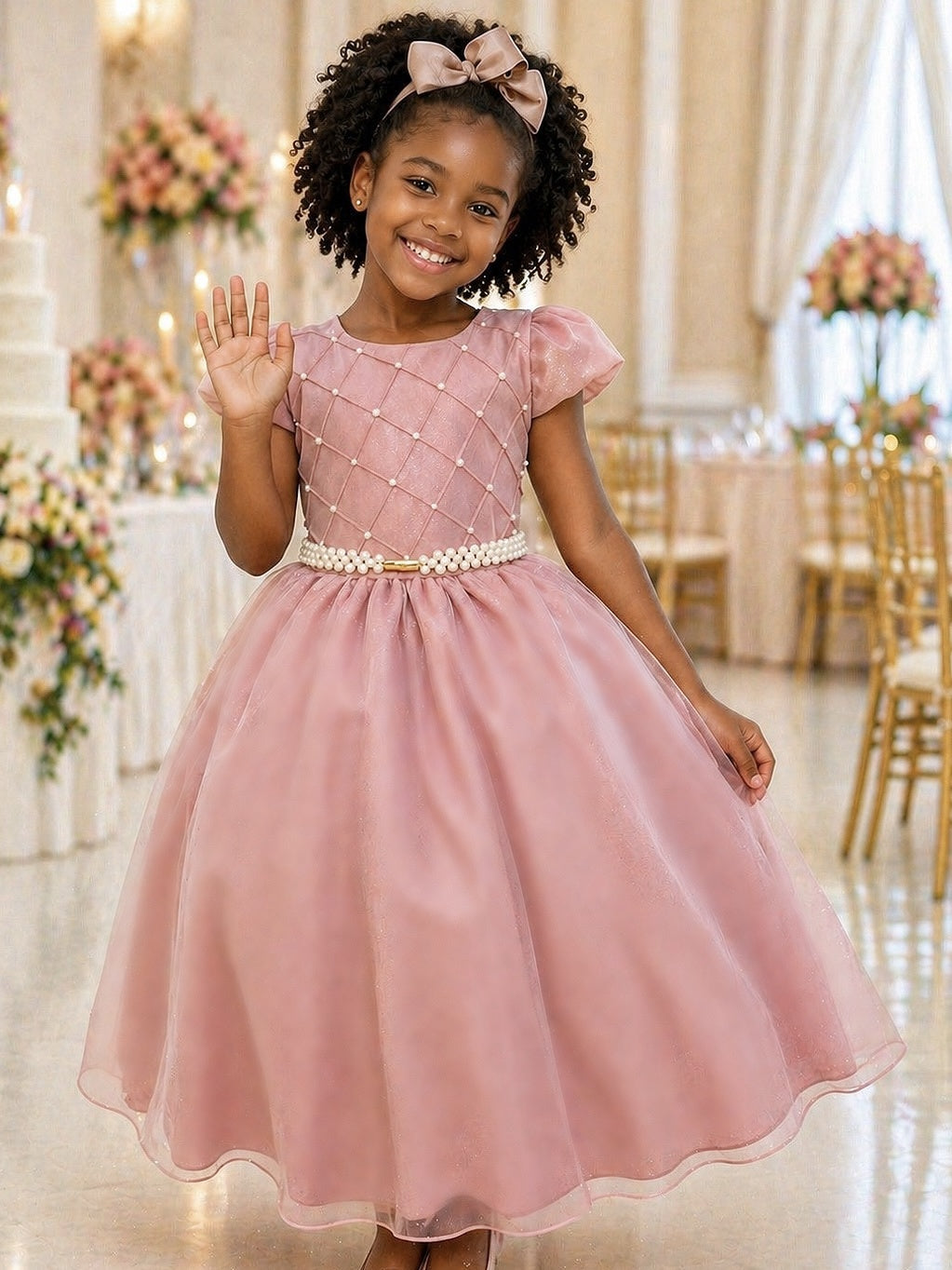 Vestido Longo Infantil Rose com Busto Nervurado para Festas e Daminhas