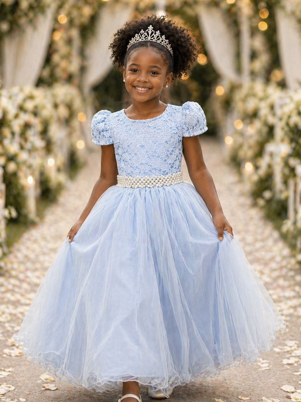 Vestido Longo Infantil Azul com Renda para Festas Luxuosas