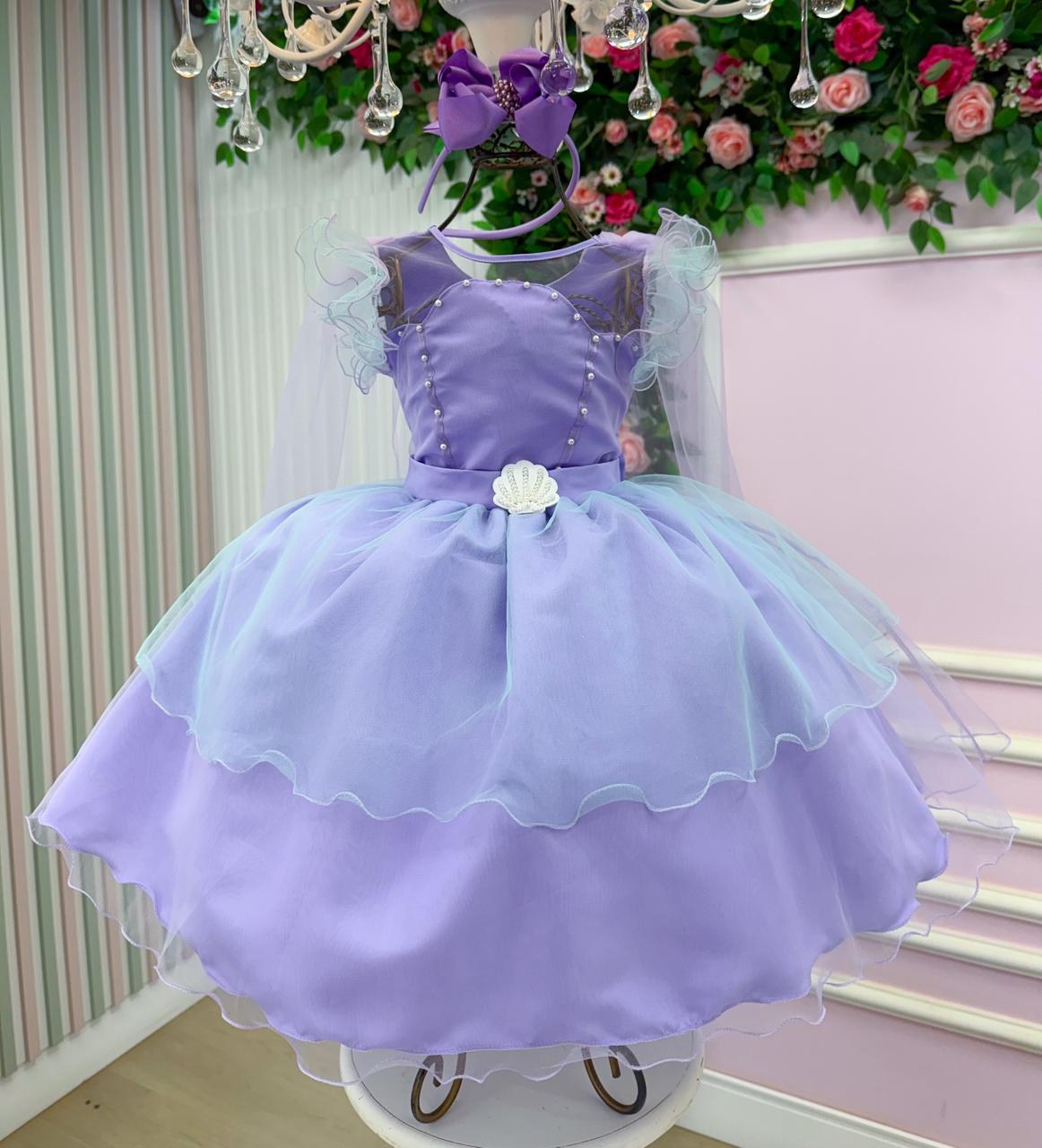 Vestido Infantil Lilás Temático Sereia em Tule para Festas
