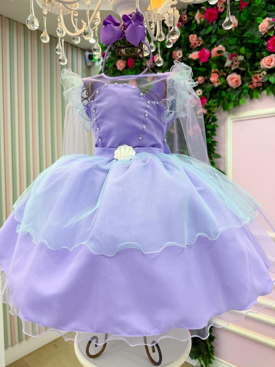 Vestido Infantil Lilás Temático Sereia em Tule para Festas