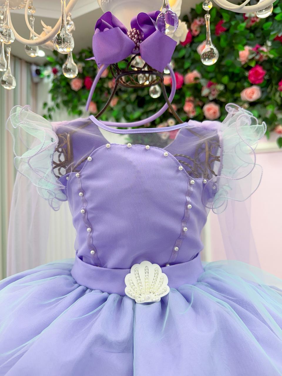 Vestido Infantil Lilás Temático Sereia em Tule para Festas