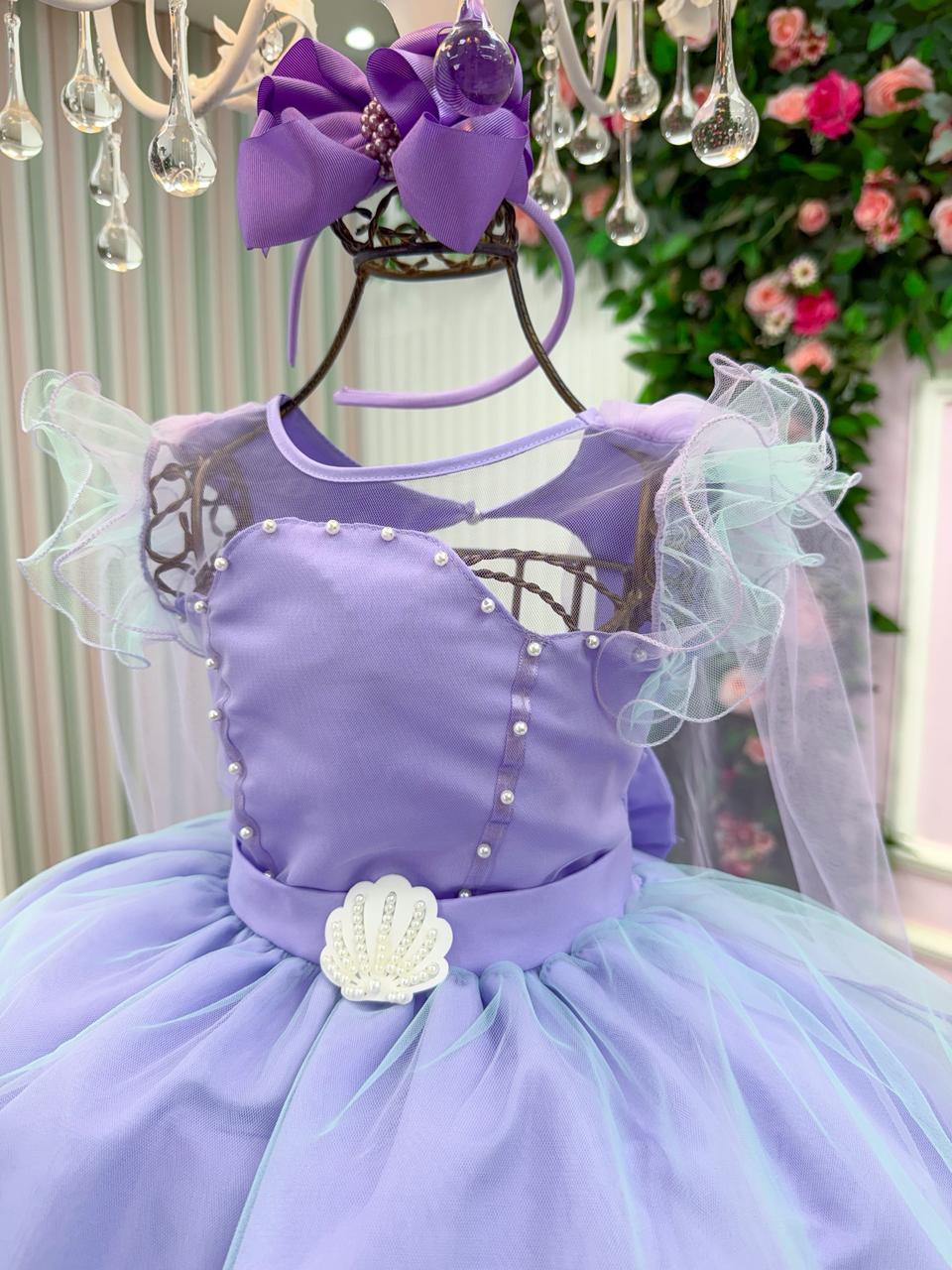 Vestido Infantil Lilás Temático Sereia em Tule para Festas