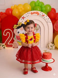 Vestido Temático Melancia Vermelho e Amarelo com Tule para Crianças de 3 Meses a 2 Anos