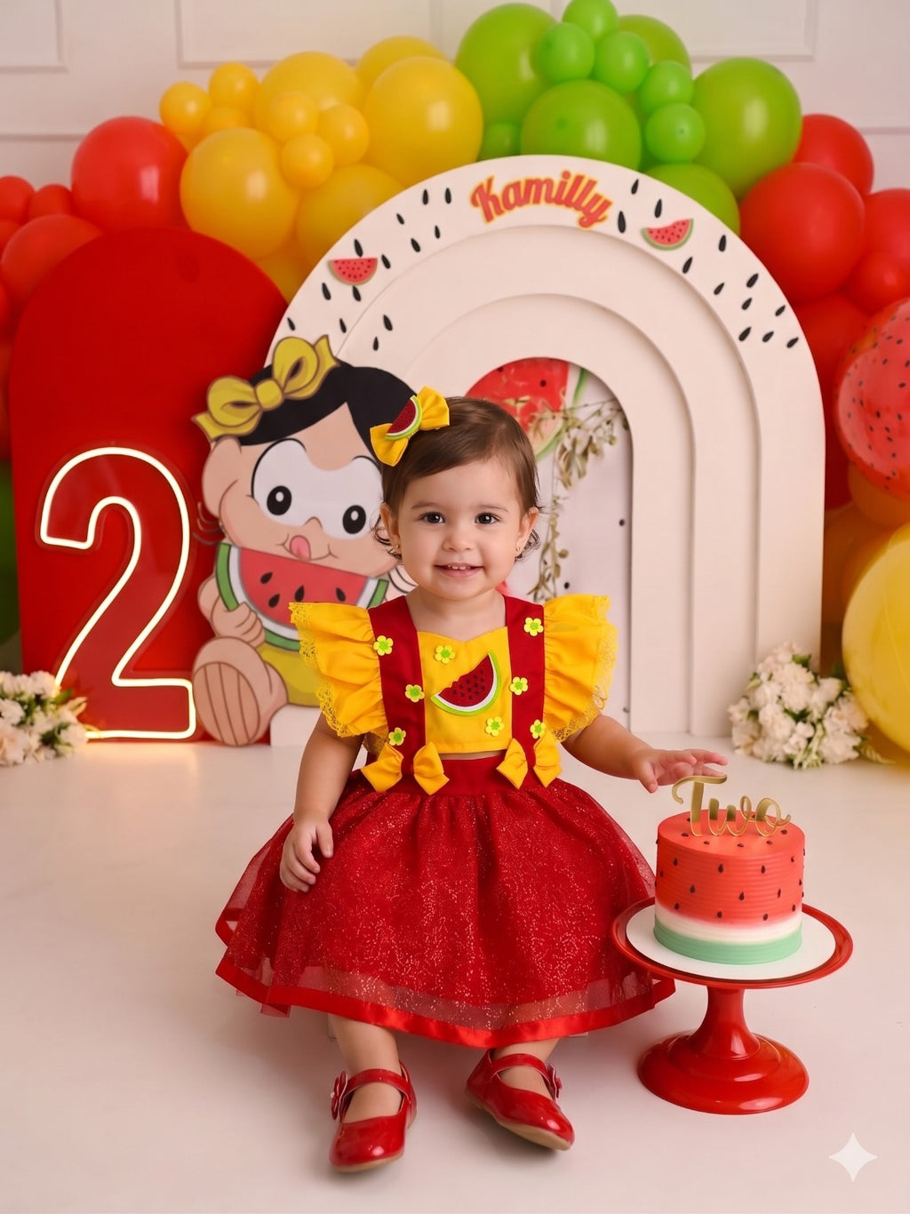 Vestido Temático Melancia Vermelho e Amarelo com Tule para Crianças de 3 Meses a 2 Anos