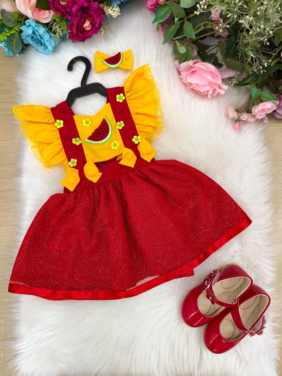 Vestido Temático Melancia Vermelho e Amarelo com Tule para Crianças de 3 Meses a 2 Anos