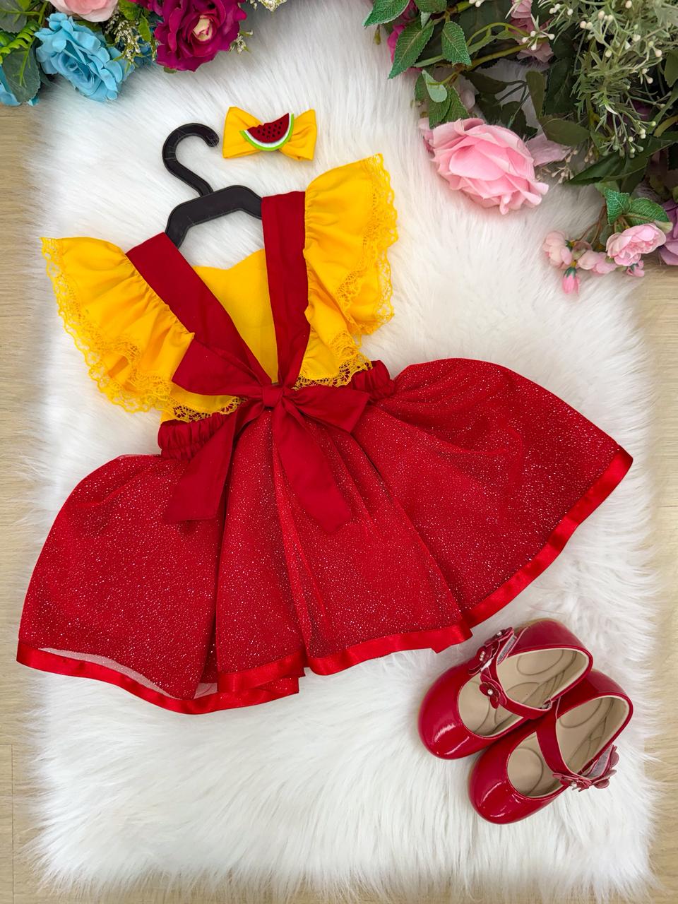 Vestido Temático Melancia Vermelho e Amarelo com Tule para Crianças de 3 Meses a 2 Anos