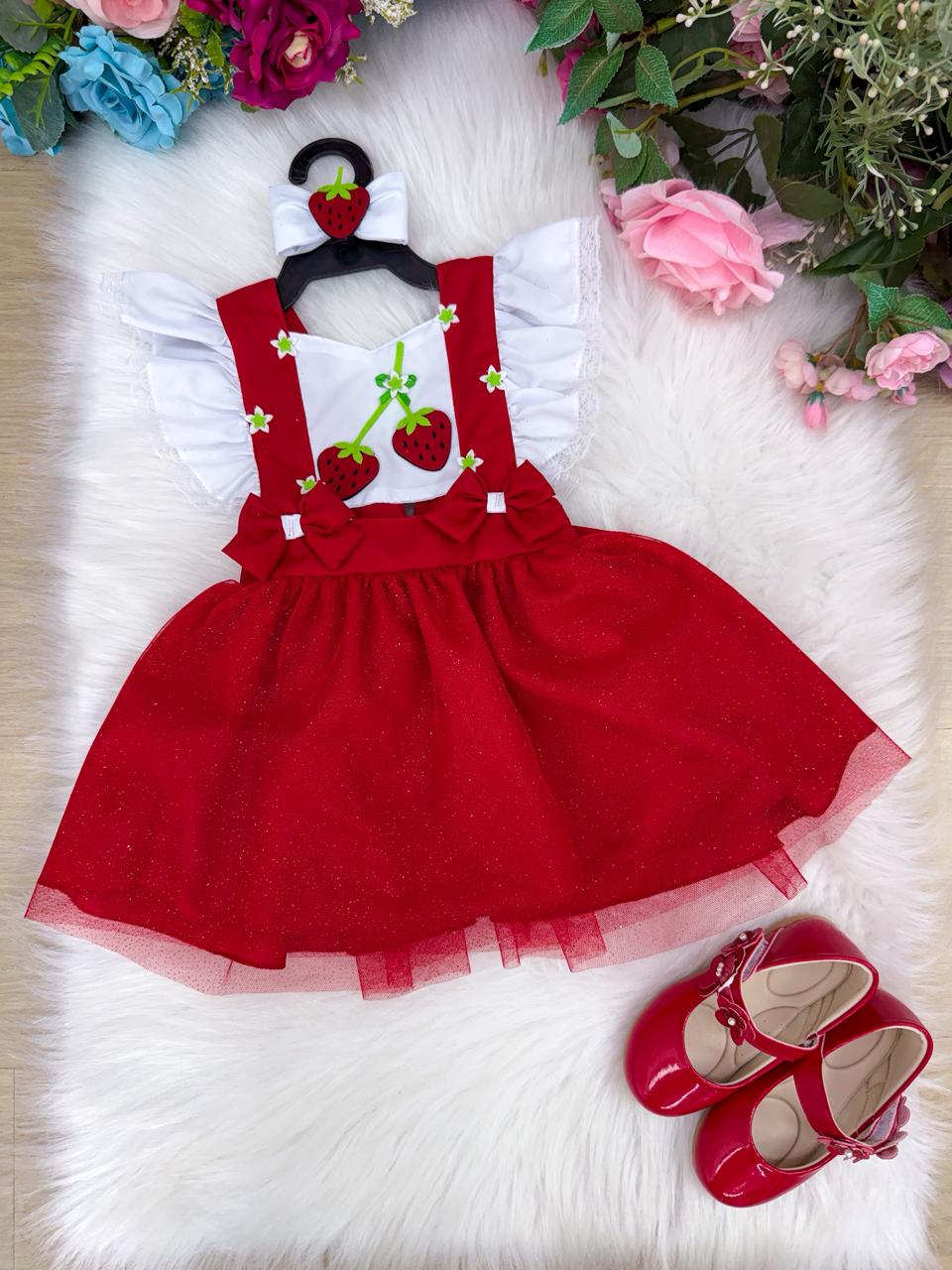 Vestido Temático Moranguinho Vermelho com Branco para Meninas de 3 Meses a 2 Anos