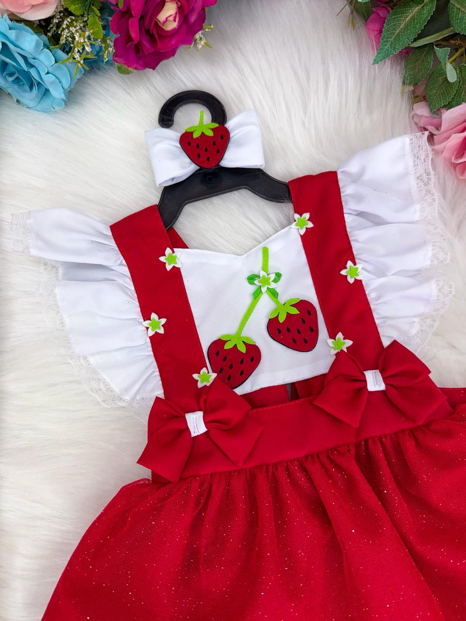 Vestido Temático Moranguinho Vermelho com Branco para Meninas de 3 Meses a 2 Anos