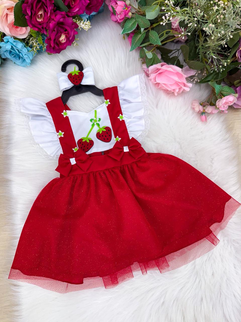 Vestido Temático Moranguinho Vermelho com Branco para Meninas de 3 Meses a 2 Anos