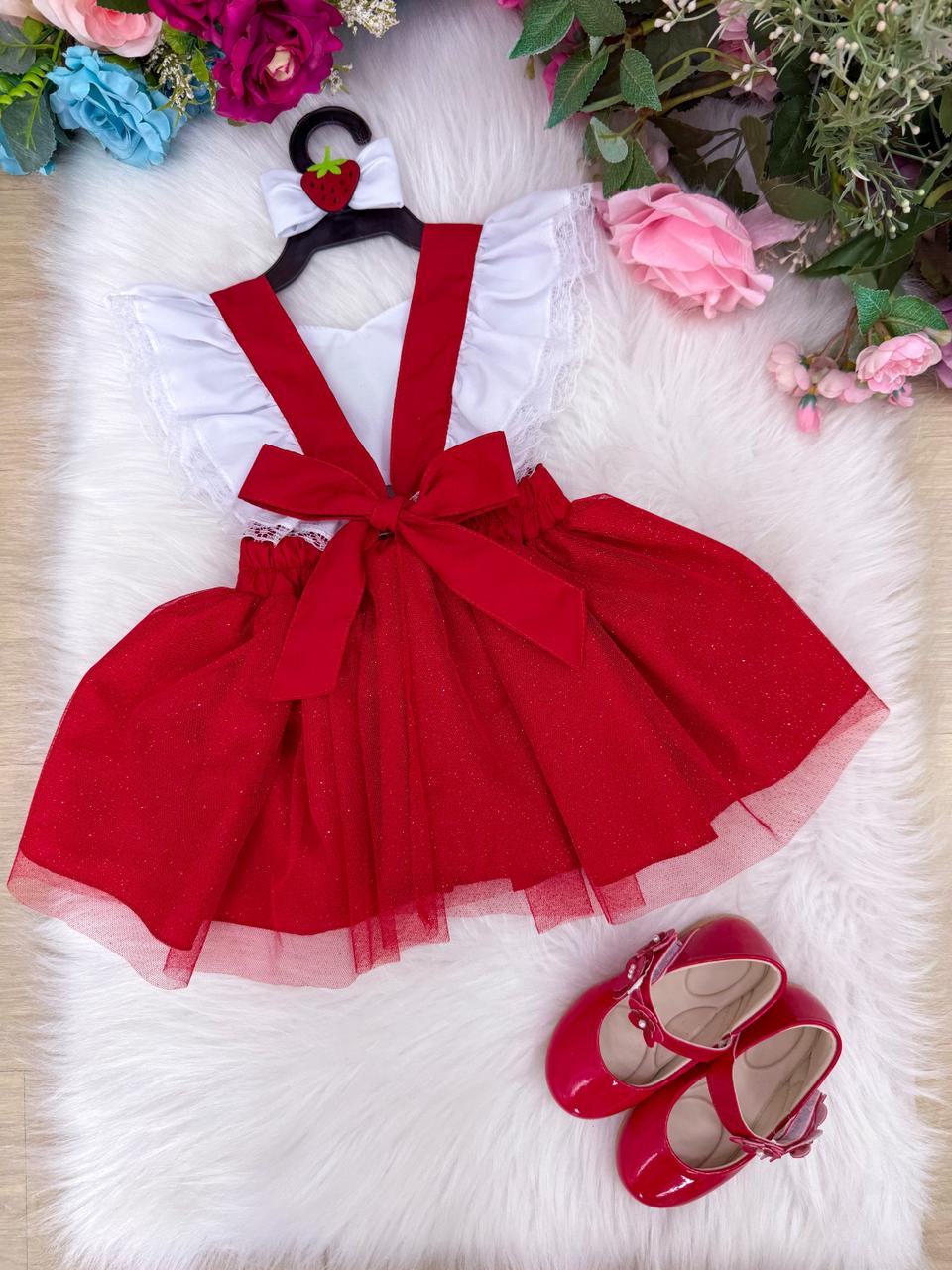Vestido Temático Moranguinho Vermelho com Branco para Meninas de 3 Meses a 2 Anos