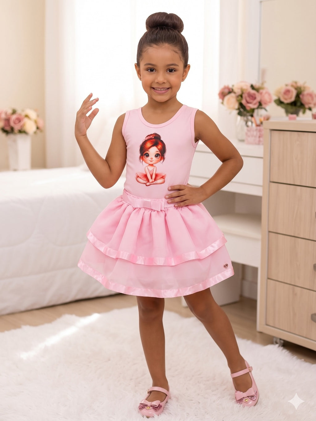 Conjunto Infantil Bailarina Rosa com Saia Rodada e Estampa Exclusiva