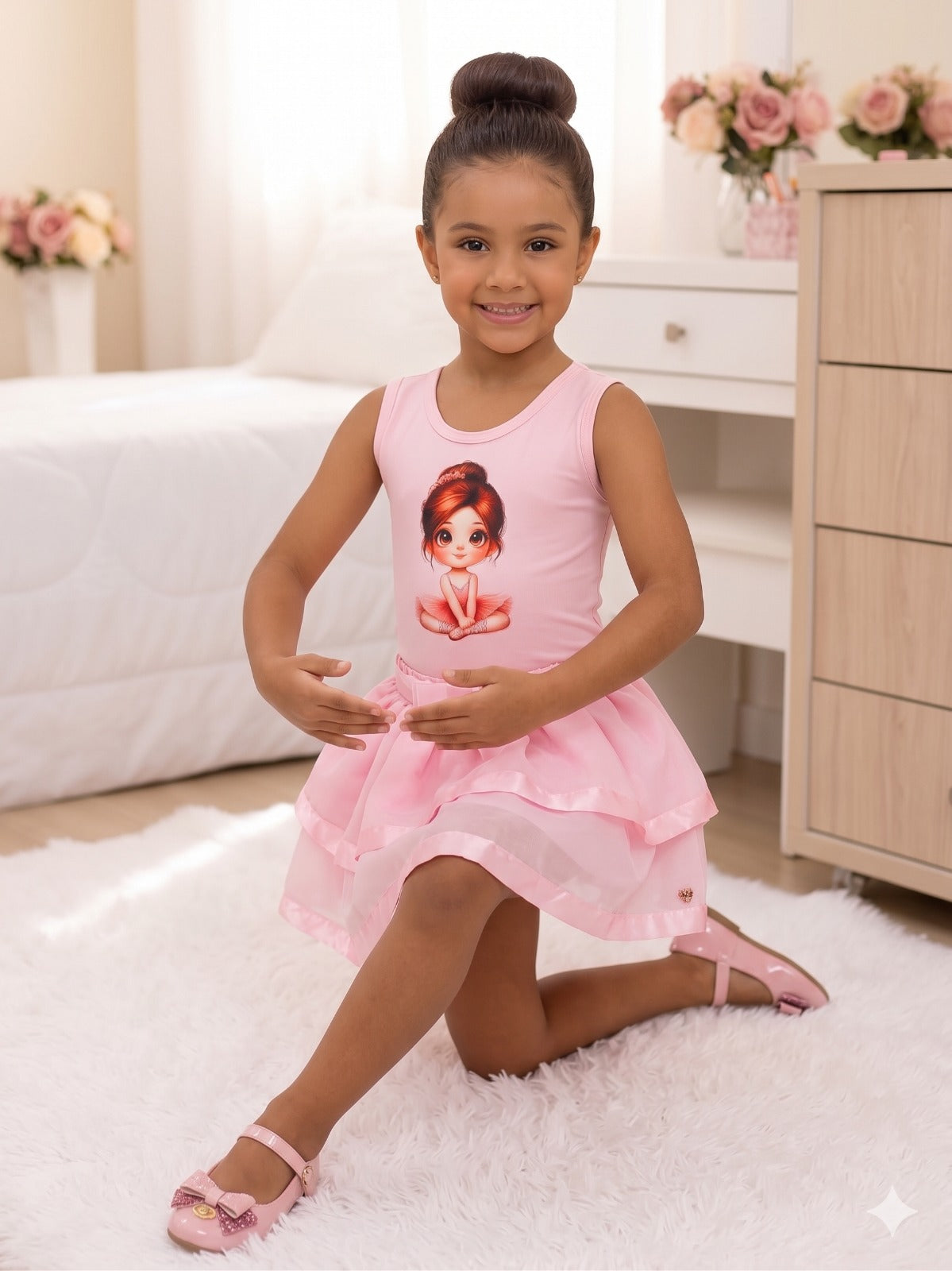 Conjunto Infantil Bailarina Rosa com Saia Rodada e Estampa Exclusiva