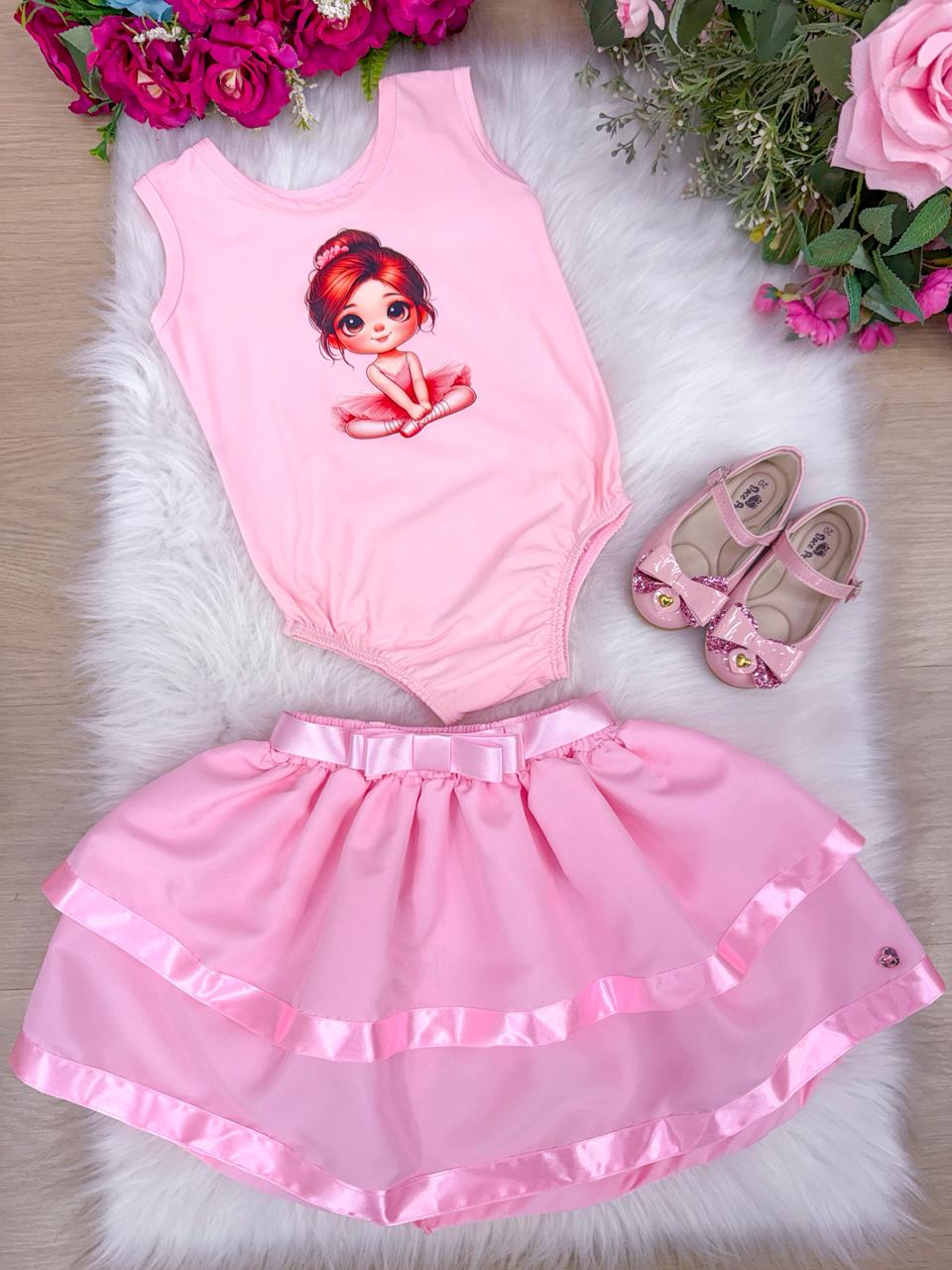 Conjunto Infantil Bailarina Rosa com Saia Rodada e Estampa Exclusiva