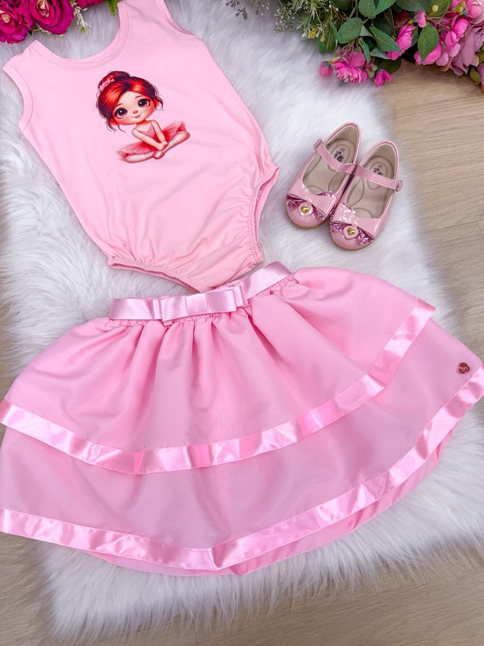 Conjunto Infantil Bailarina Rosa com Saia Rodada e Estampa Exclusiva