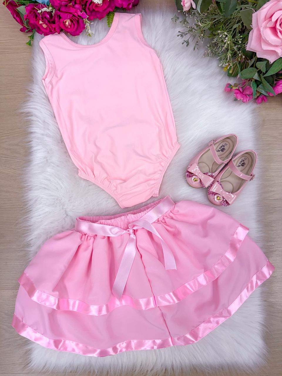 Conjunto Infantil Bailarina Rosa com Saia Rodada e Estampa Exclusiva