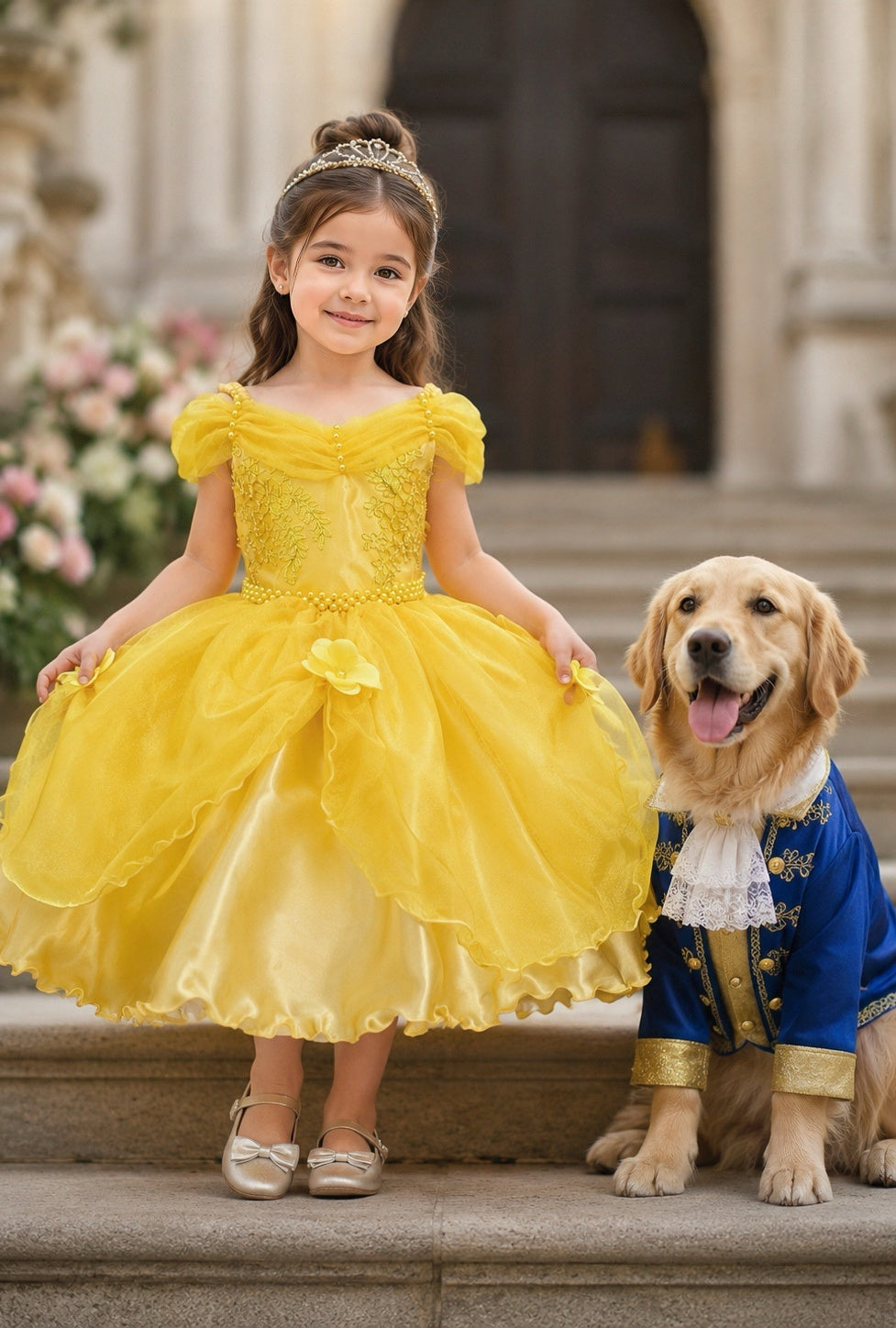 Vestido Infantil Luxuoso em Tecido Acetinado com Renda e Pérolas