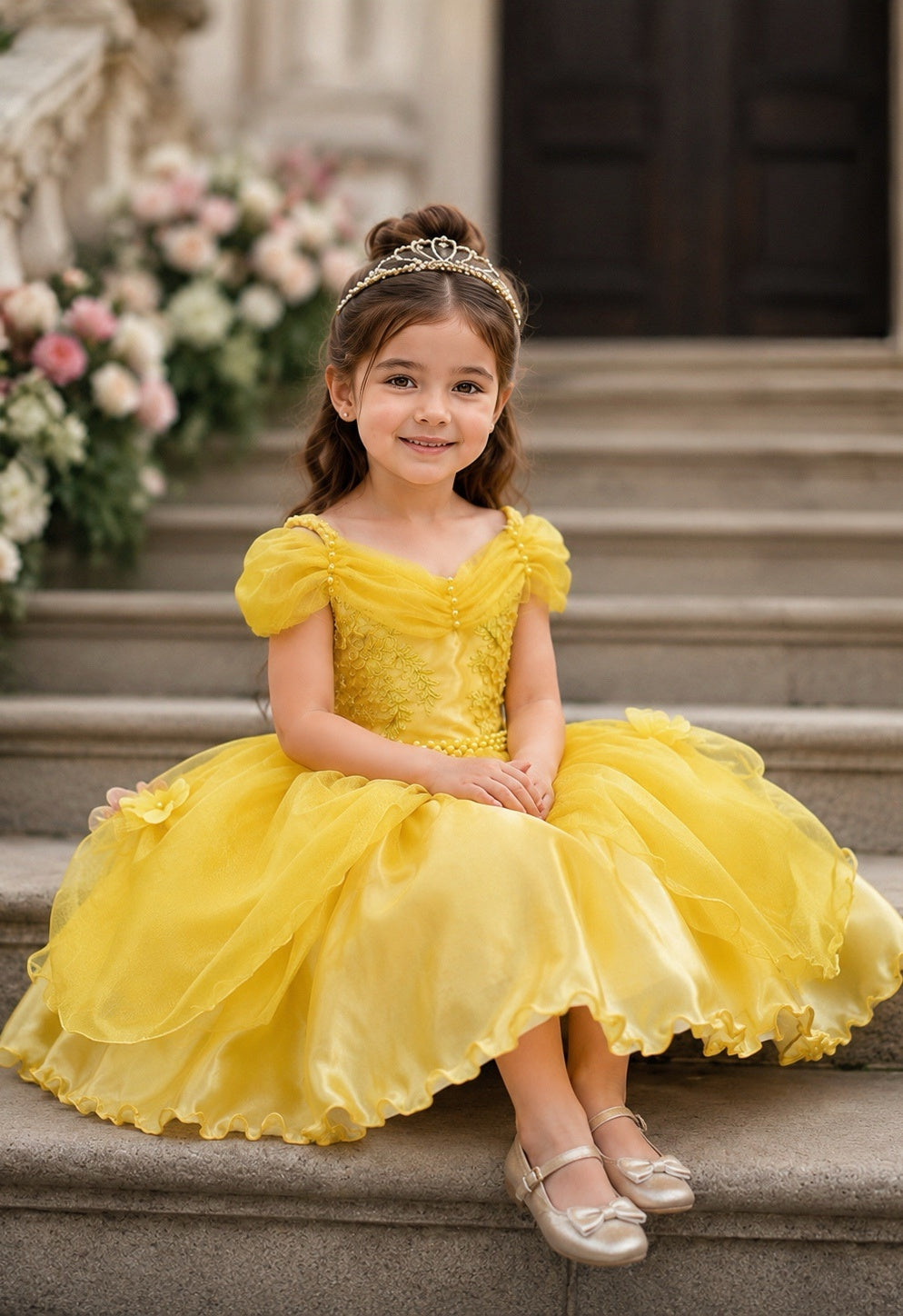 Vestido Infantil Luxuoso em Tecido Acetinado com Renda e Pérolas
