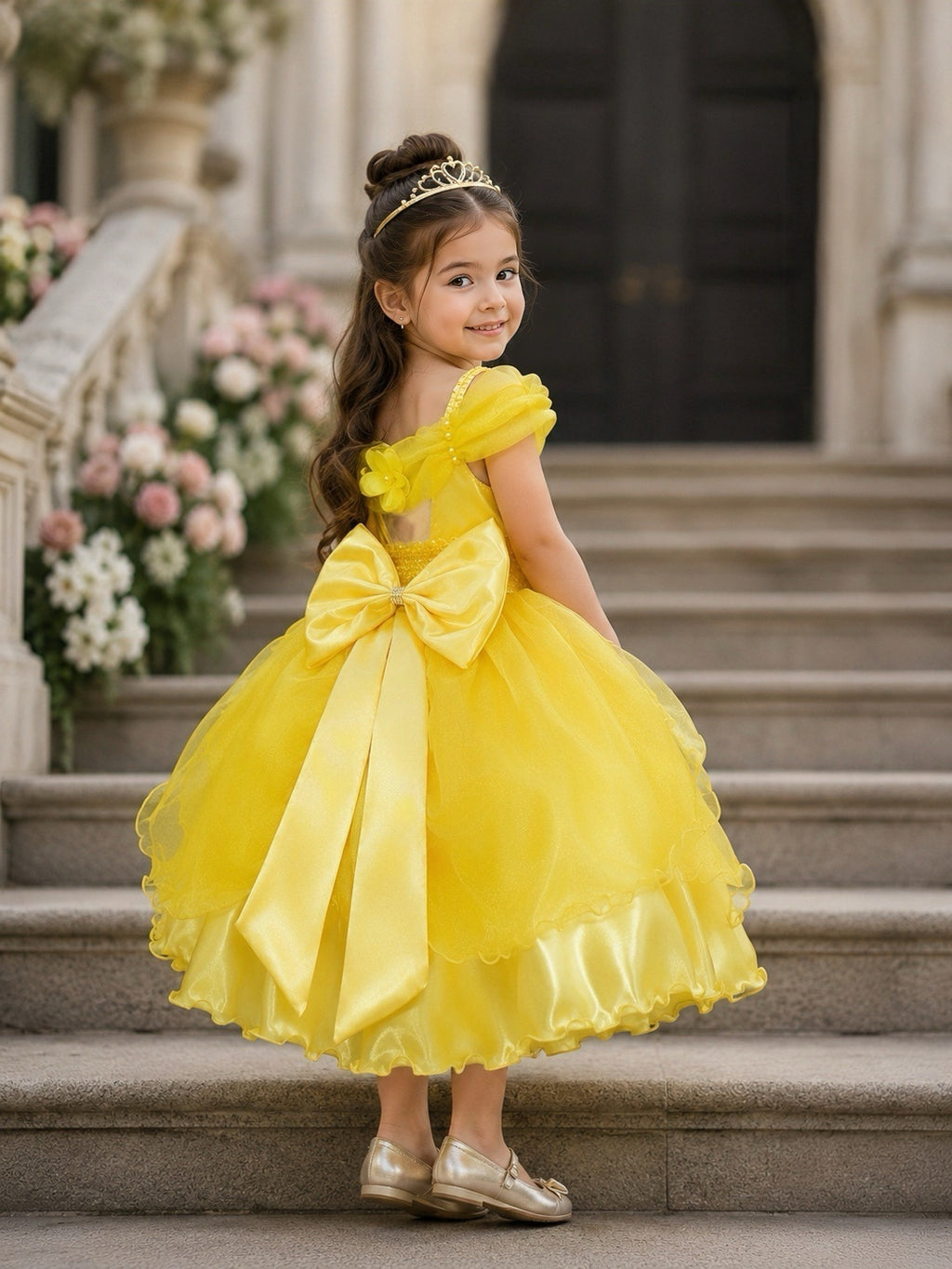 Vestido Infantil Luxuoso em Tecido Acetinado com Renda e Pérolas