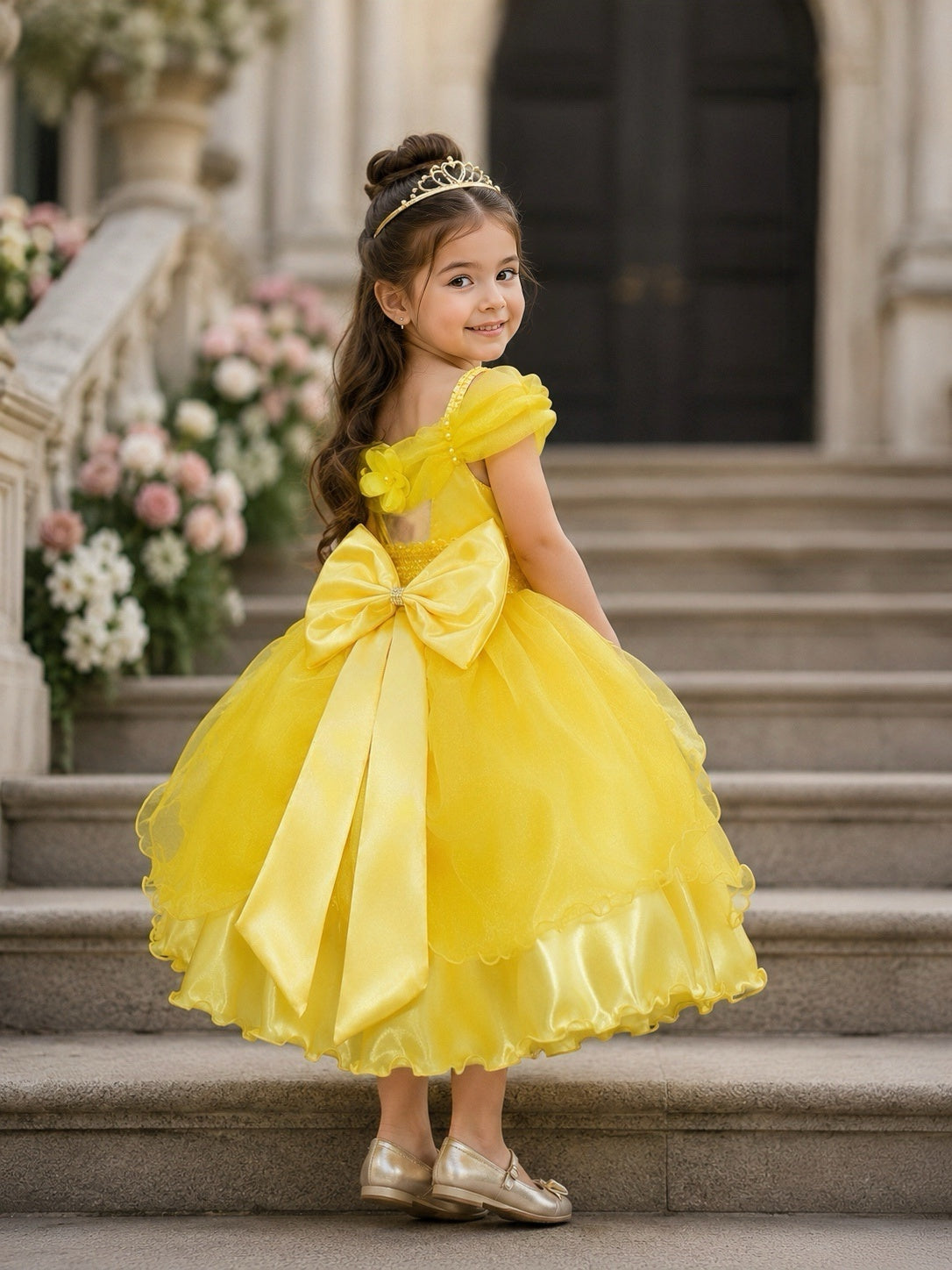 Vestido Infantil Luxuoso em Tecido Acetinado com Renda e Pérolas