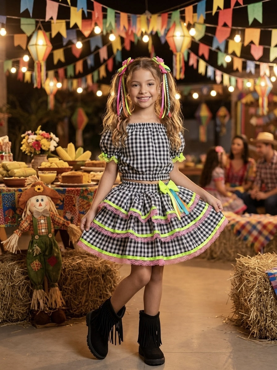 Conjunto Cropped Luxo Preto Xadrez Com Saia Para Meninas