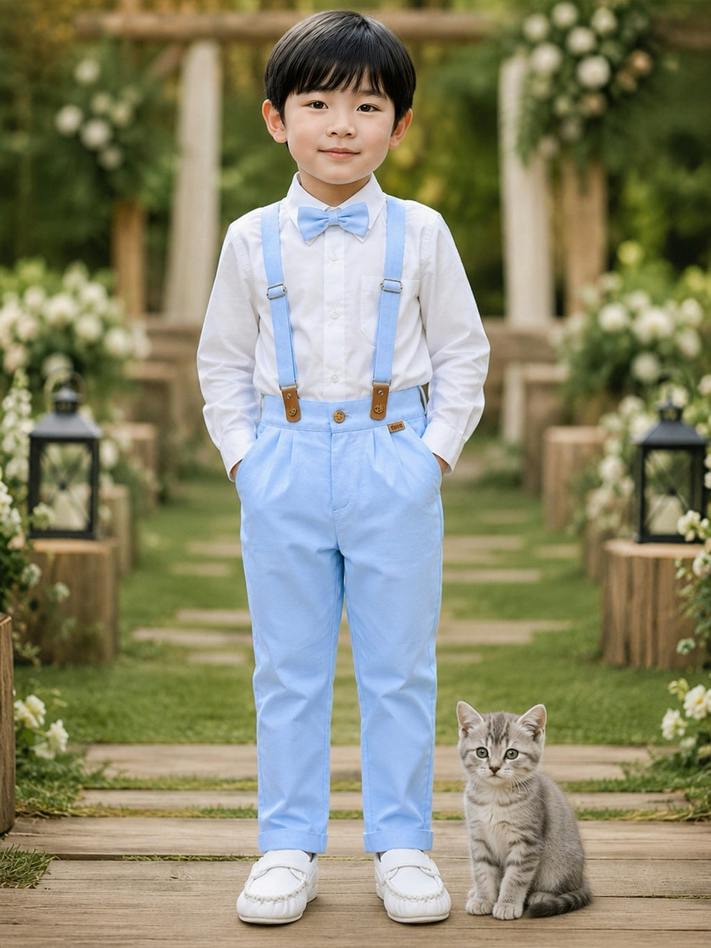 Conjunto Social Pajem com Camisa Branca, Calça Azul e Suspensório