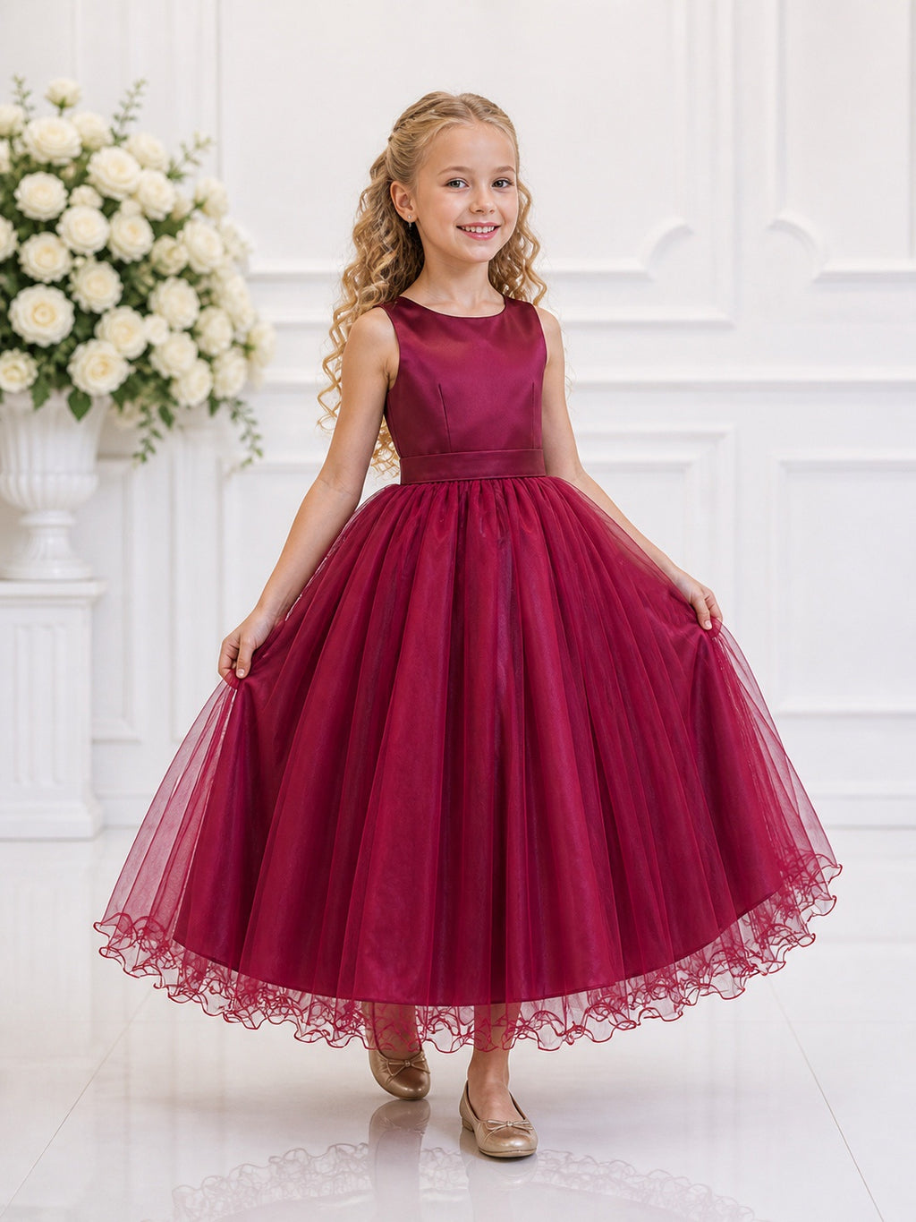 Vestido Infantil Longo Marsala Luxuoso para Daminhas de Casamento