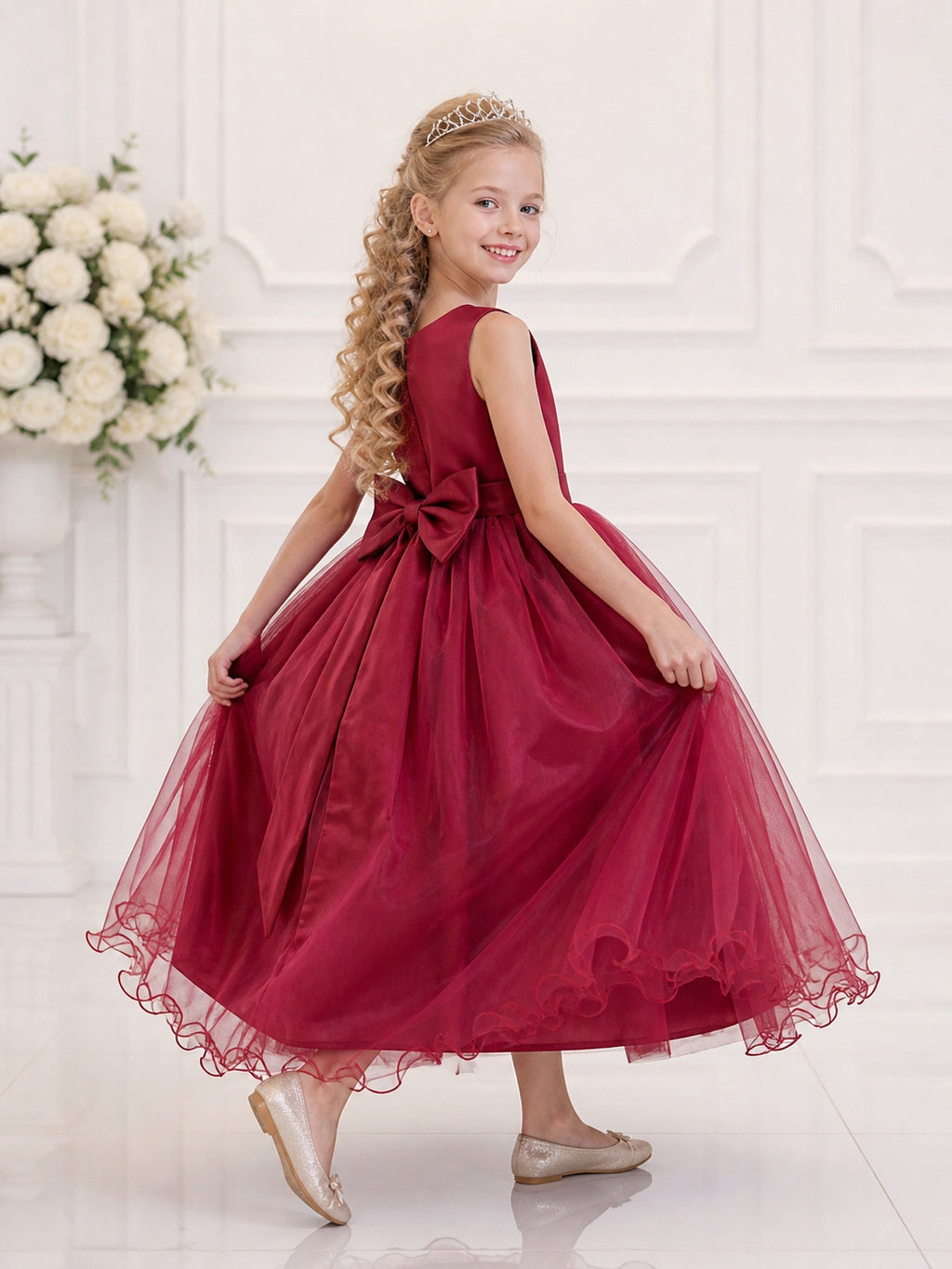Vestido Infantil Longo Marsala Luxuoso para Daminhas de Casamento