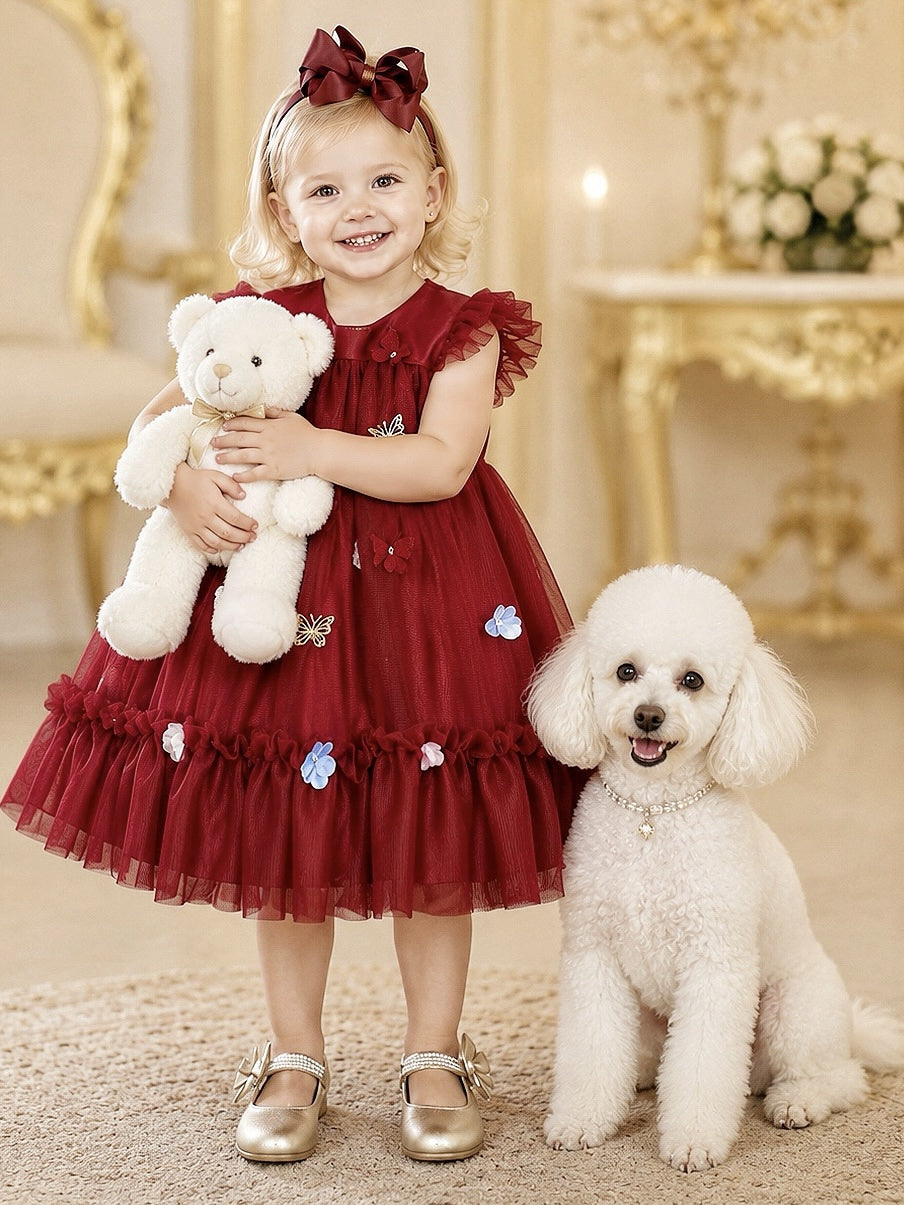 Vestido Infantil Luxo Vermelho Escuro Jardim Encantado