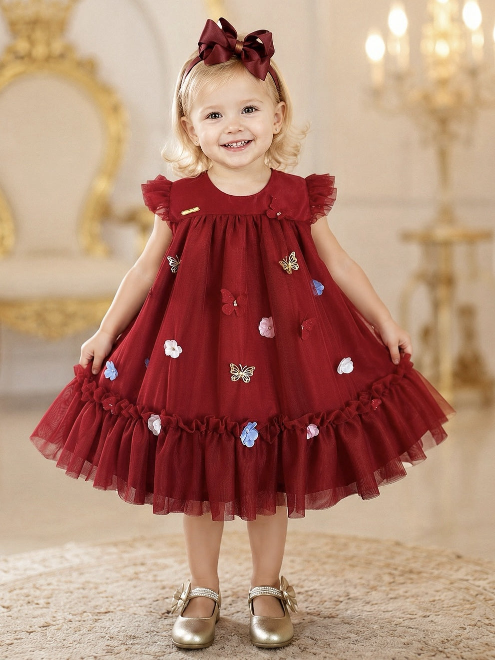 Vestido Infantil Luxo Vermelho Escuro Jardim Encantado