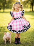 Vestido Infantil Xadrez Branco e Rosa com Estampa de Vaquinha